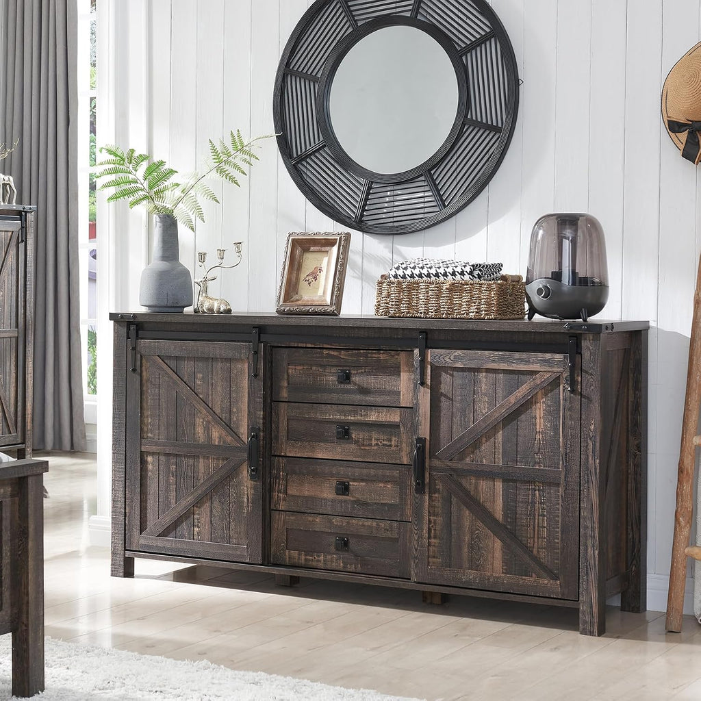 T4TREAM 60'' Farmhouse Dresser Chests for Bedroom w/4 Drawers & Sliding Barn Doors, Wide TV Stand, Tall Chest of Drawers, Rustic Dresser Organizer for Bedroom, Living Room, Dark Rustic Oak