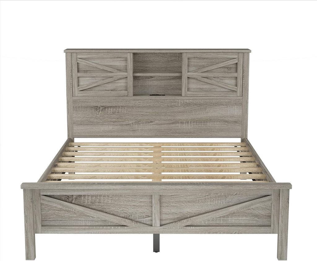 3-Pieces Bedroom Sets with Queen Size Farmhouse Platform Bed, Double Sliding Door Storage Headboard, USB, 3PCS Bedroom Sets with Cabinet, Nightstands for Kids Adults, Gray