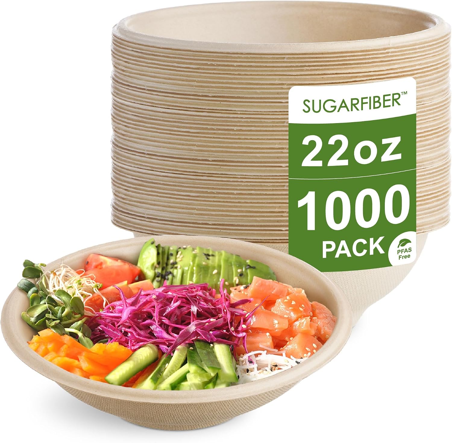 [1000 Count]Sugarfiber by Harvest 22oz Round Compostable Bowls PFAS Free with PLA coating, Heavy-Duty Eco-Friendly Disposable Bagasse Bowl, Sugarcane made plant fibers for Meal Prep