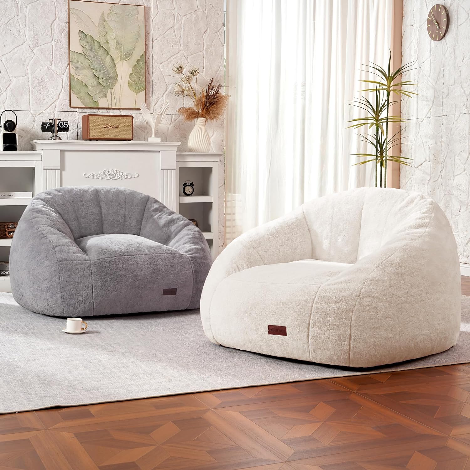 HABUTWAY Bean Bag Chair, Giant Bean Bag Chairs for Adults with Ottoman, Comfy Faux Fur Shell-Shaped Bean Bag Couch, Sofa Chair for Living Room, Bedroom, White
