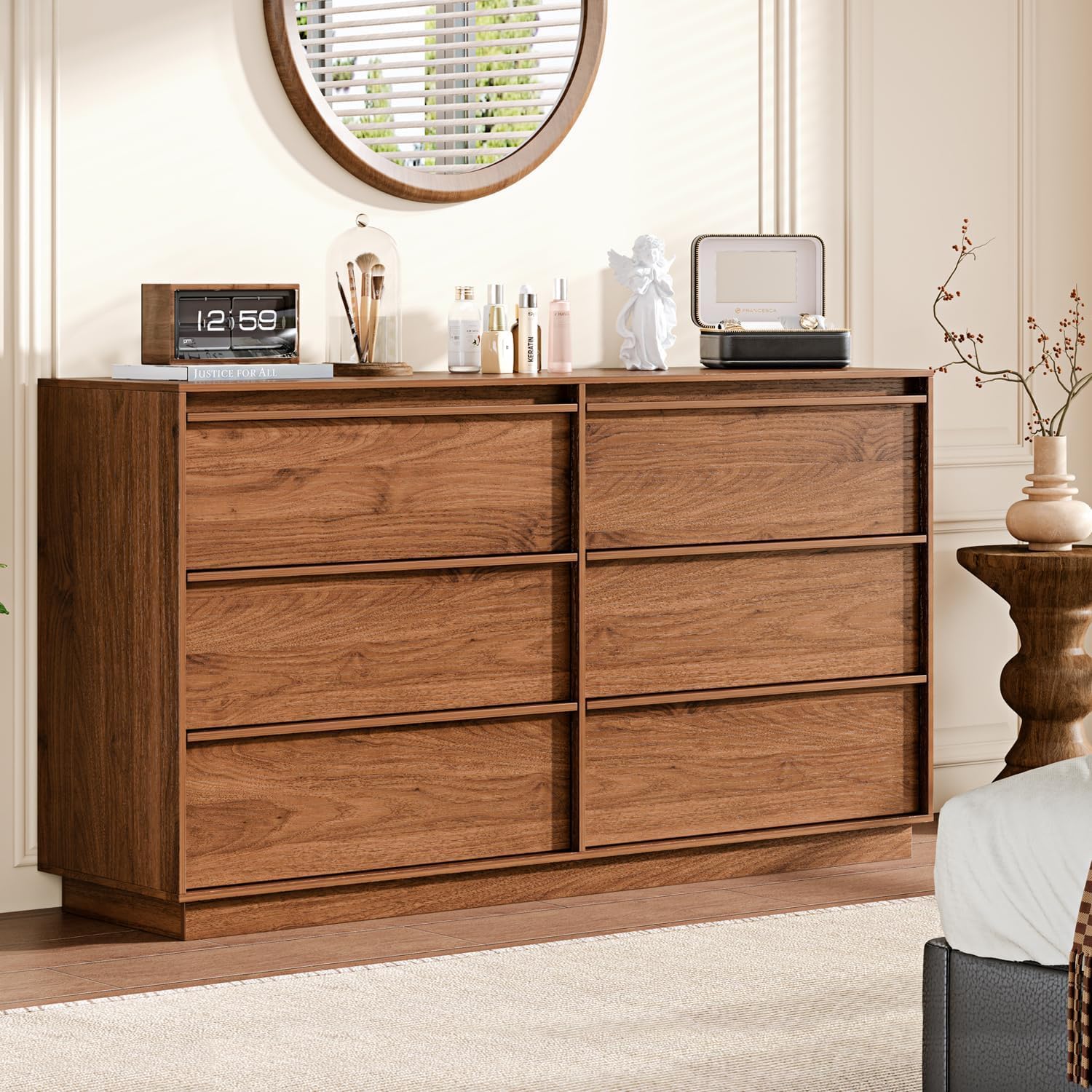 Ieejdn 55.12' Modern Chest of Drawer, 6 Deep Drawers,Clothes Organizer,Large Storage Cabinet for Living Room, Bedroom,Dresser TV Stand, Wood Drawer Organizer for Living Room, Hallway, Brown