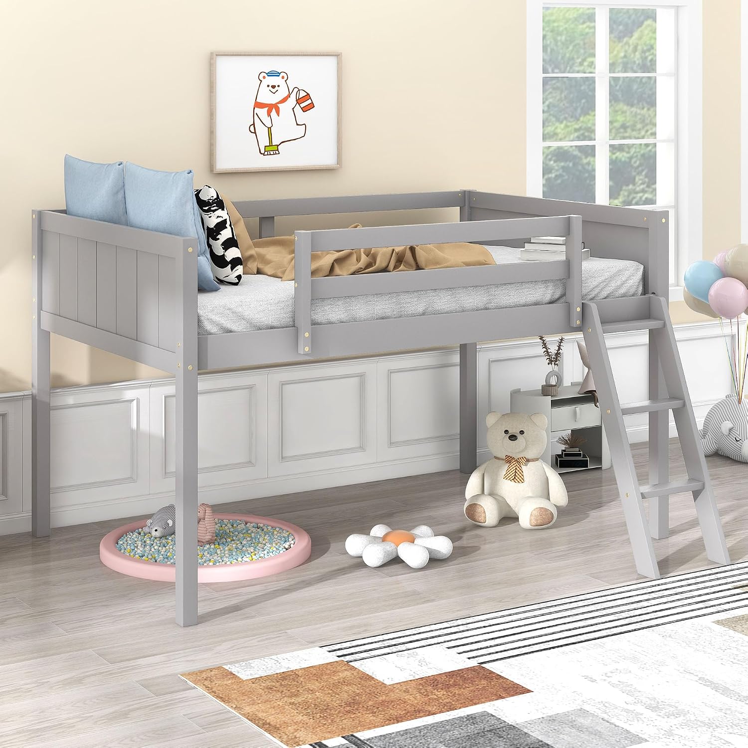 Twin Size Loft Bed, Wood Low Loft Bed with Convertible Ladder, Ladder can be Placed on the Left or Right, Safety Guardrails, Wood Slats Support, No Box Spring Required (Gray & Convertible Ladder)