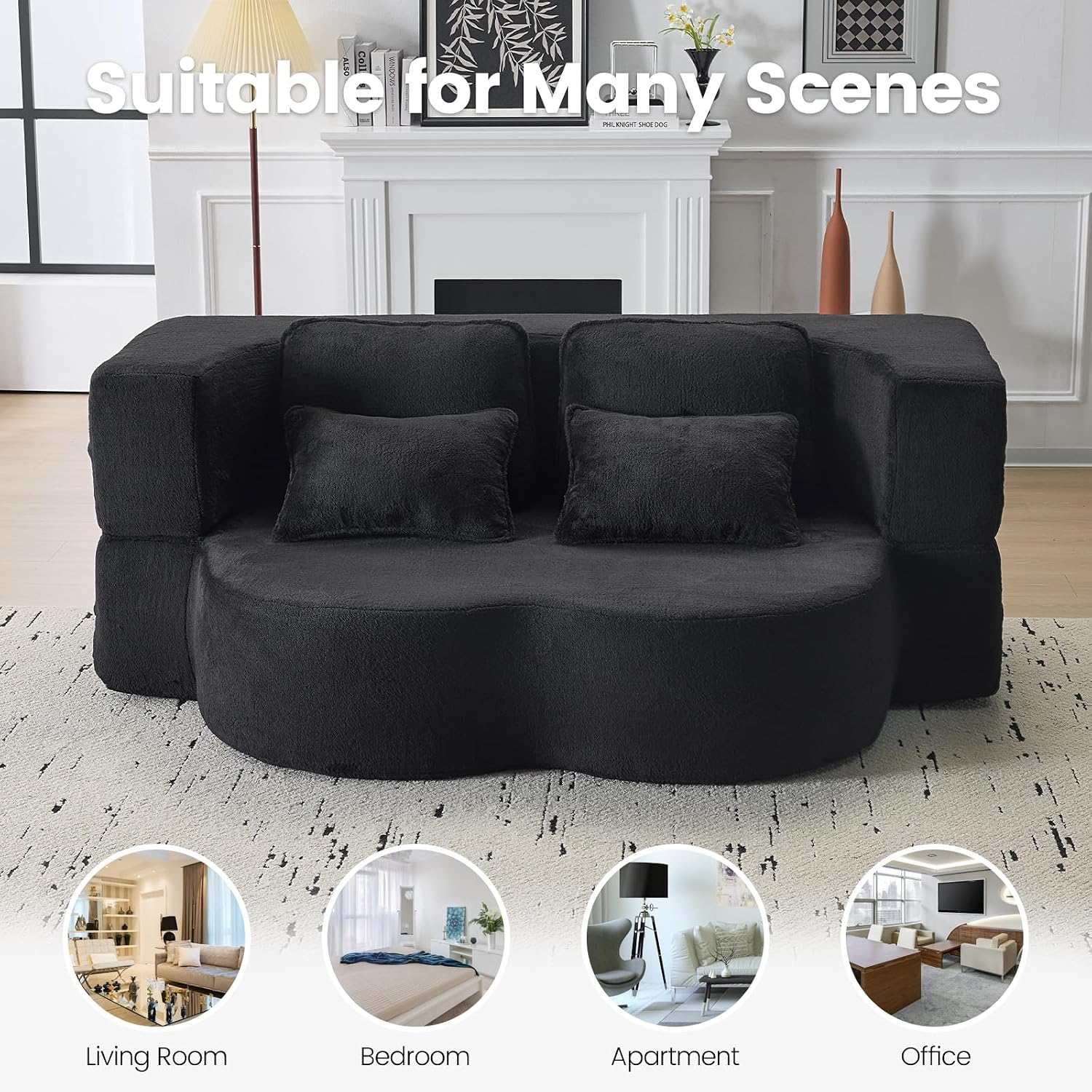 Convertible Folding Sofa Bed, 78' Full Size Loveseat Sleeper Sofa, Chenille Foldable Boneless Floor Couch with 4 Pillows for Guest Living Room Bedroom, No Assembly Required (Black)