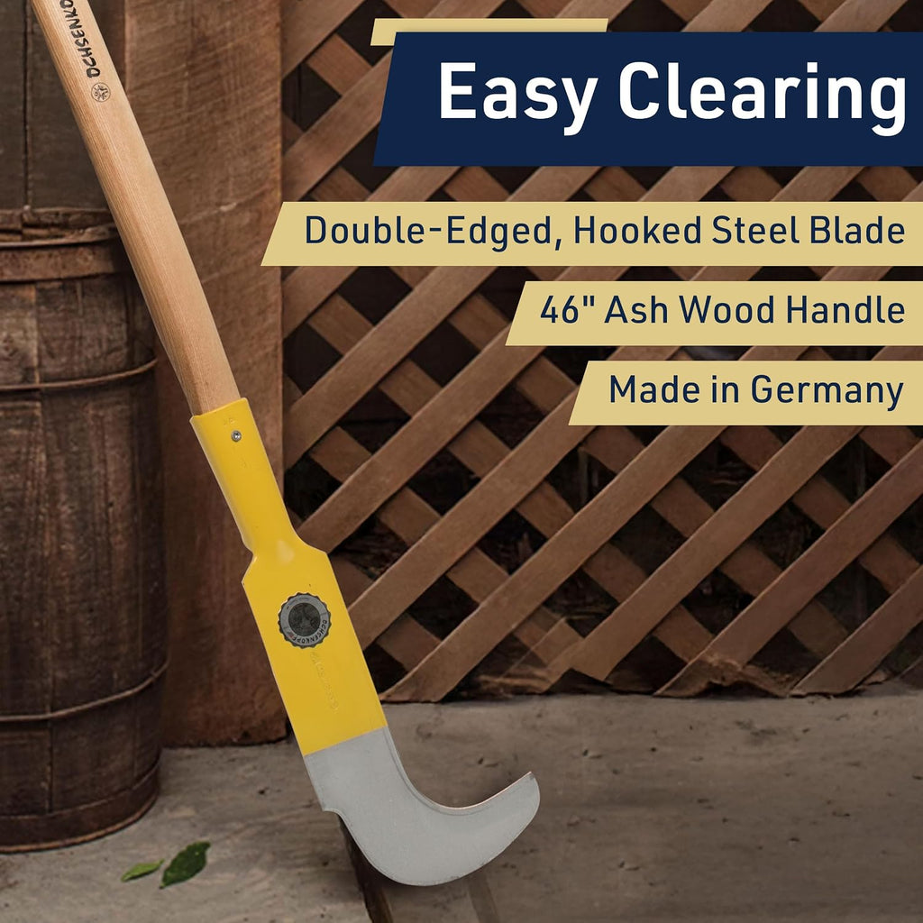 Kings County Tools Brush Cutter Weeding Sickle Garden Tool - 47' Weeder Tool for Yard Long Handle with 14.75' Steel Curved Bush Axe Blade Hook and Wood Handle - Billhook Hand Scythe