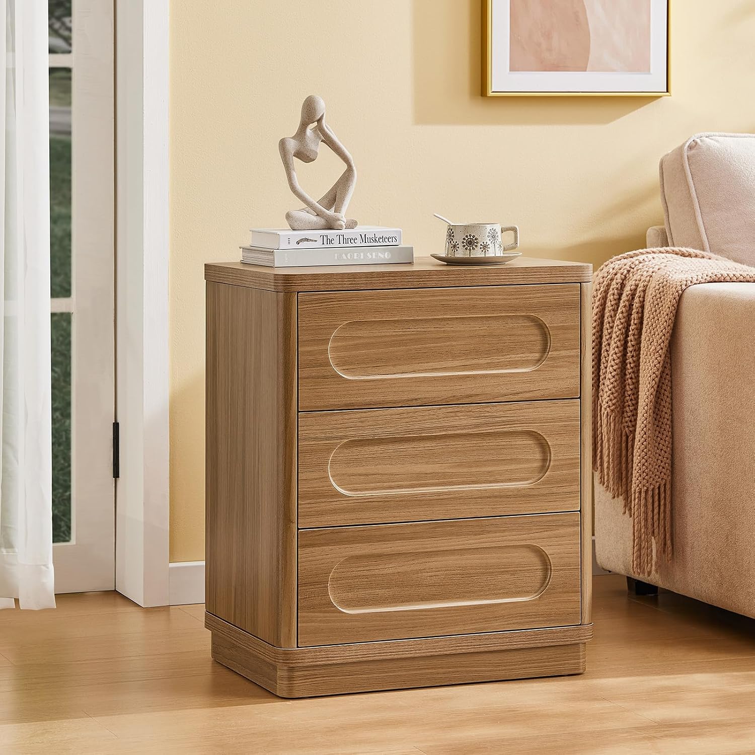 26.2' Tall Nightstand Set of 2, 21.7' W Night Stand with 3 Storage Drawers, Wood Beside Table, Rounded Corner Design for Bedroom (Brown)