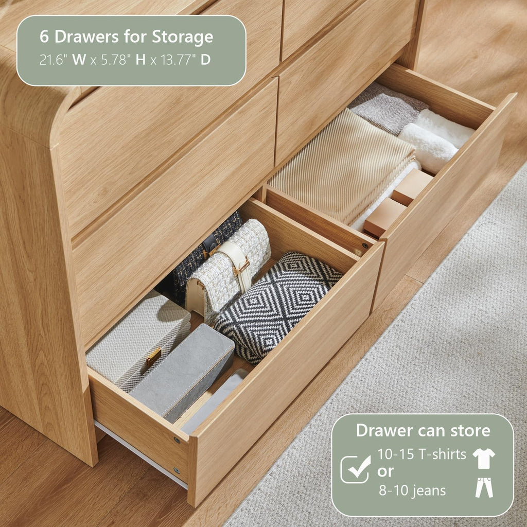 Aitjunz Modern 6 Drawers Dresser for Bedroom, 47' Wide Wood Dressers & Chests of Drawers w/Curved Profile Design, Mid Century Modern Dresser w/Natural Texture for Bedroom, Living Room, Natural Oak