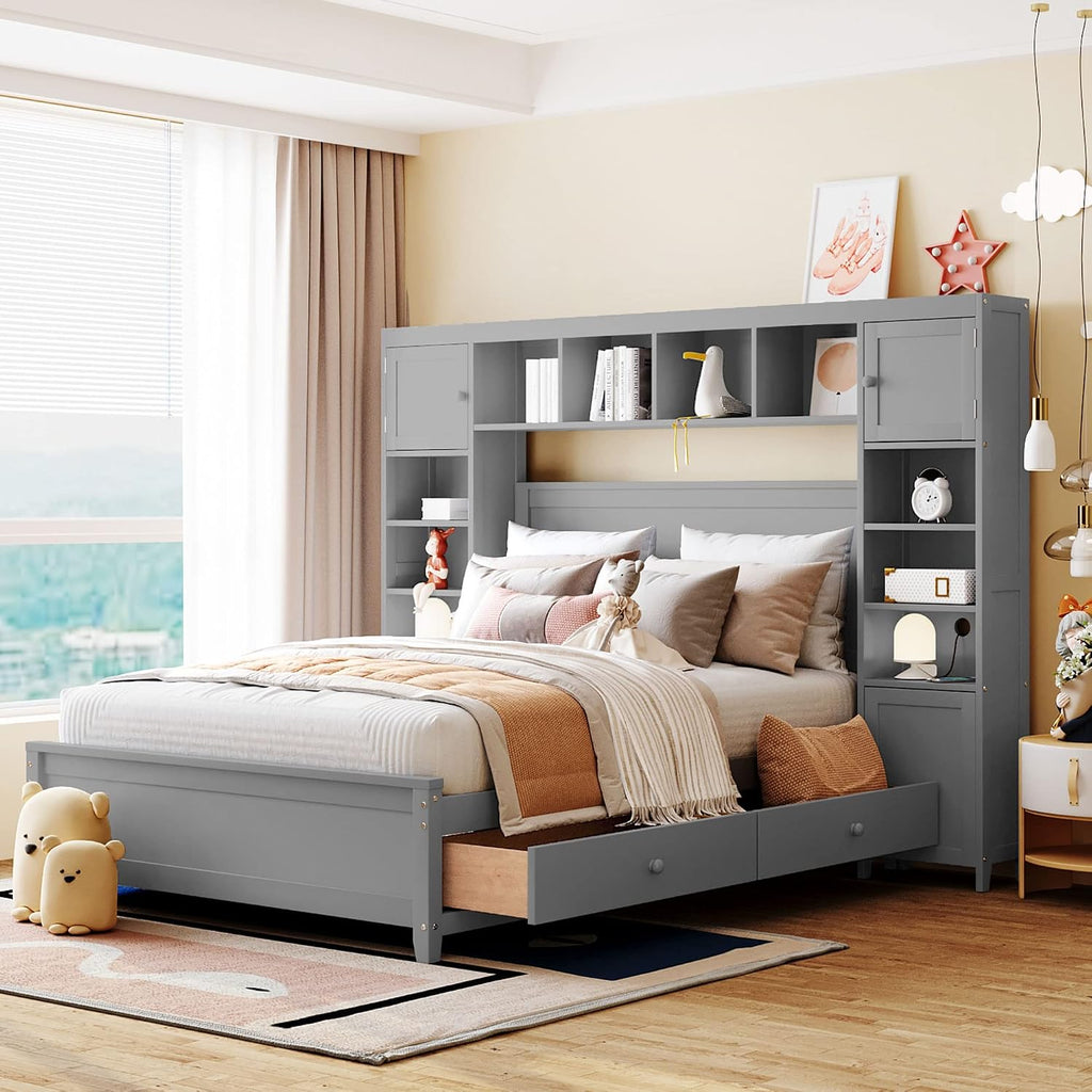 Merax Full Size Platform Bed with 4 Drawers, Wooden Full Bed with All-in-One Cabinet and Shelf, Gray