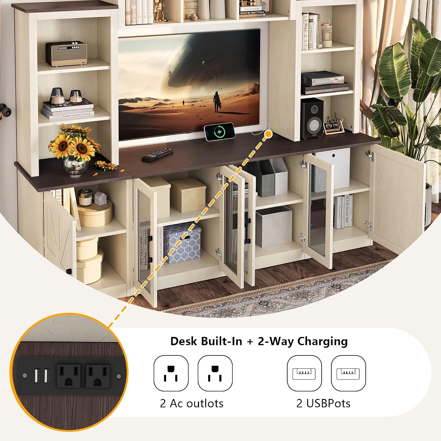 Entertainment Center Wall Unit with Storage for TVs Up to 55', Farmhouse TV Stand with Bookcase and Storage Cabinets, TV Stand Media Console for Living Room, Beige