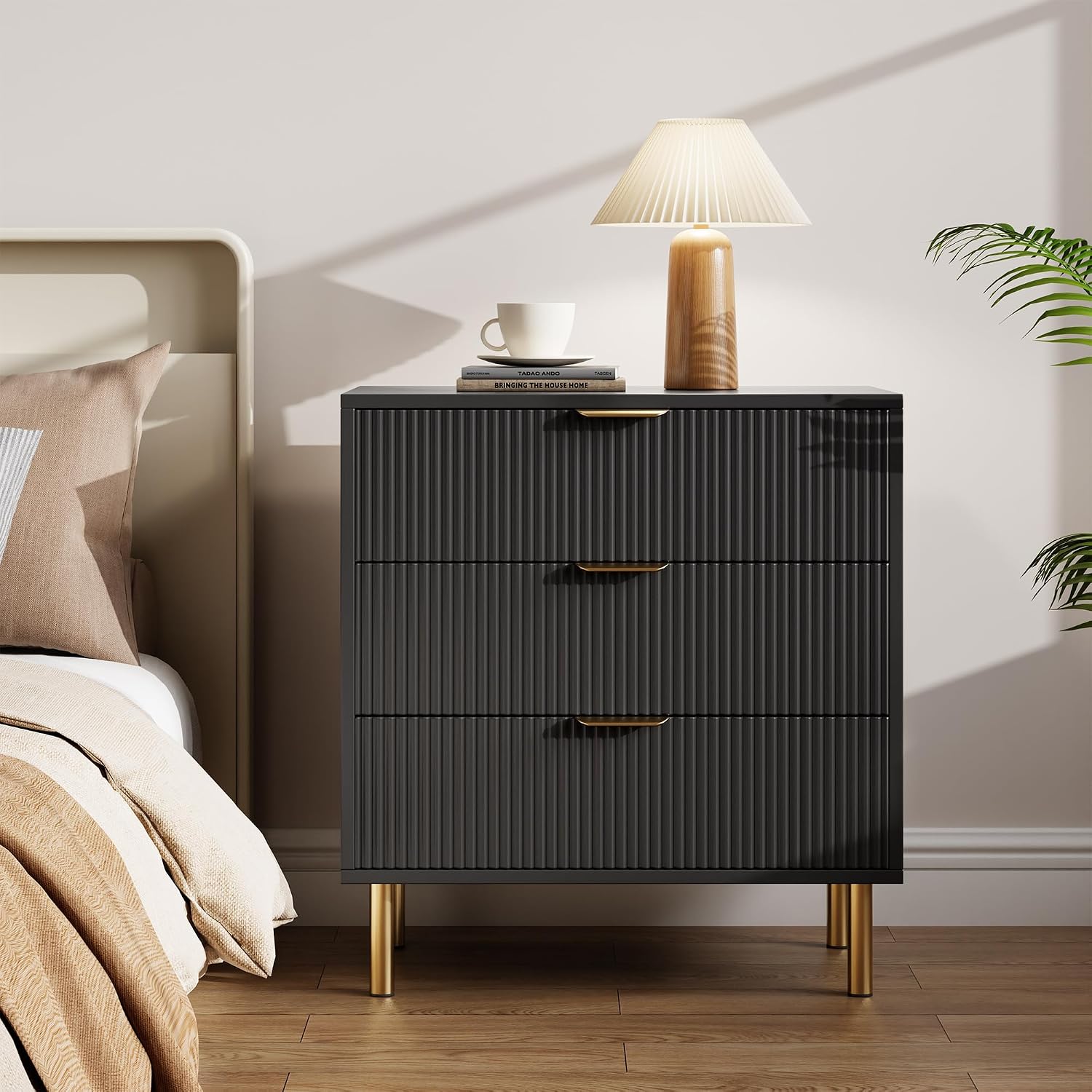 GarveeHome Black Dresser, Modern 3 Drawer Dresser for Bedroom with Gold Handle and Large Drawer, Wood Double Chest of Drawers and Storage Organizer for Living Room, Hallway, Entryway