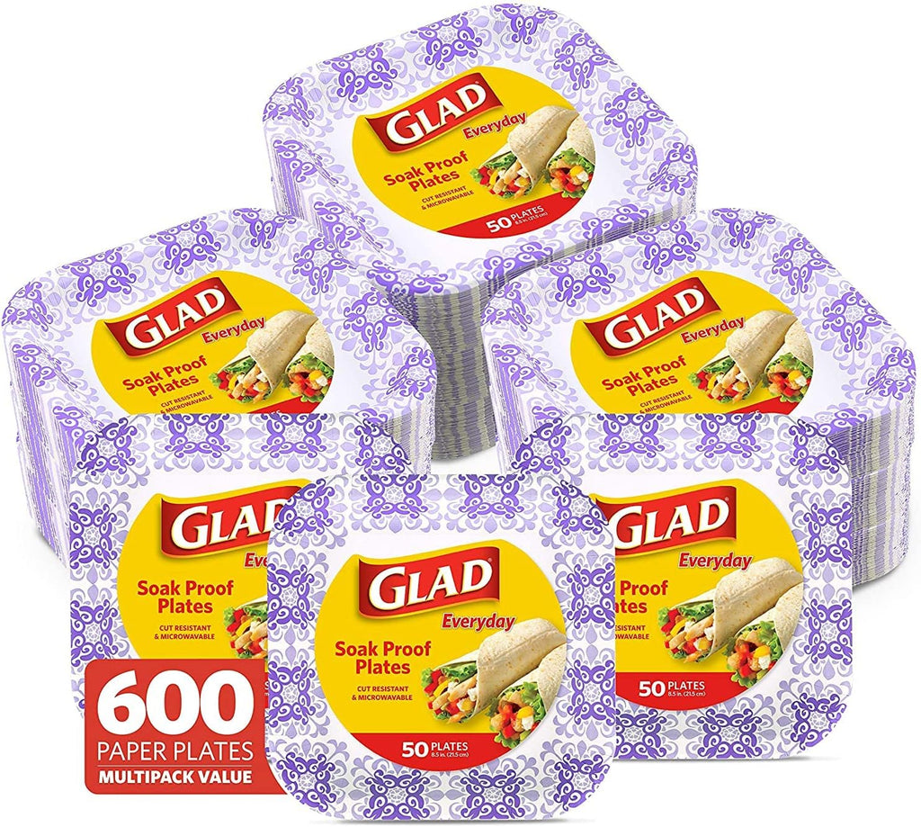 Glad Square Heavy Duty Paper Plates, Soak Proof and Cut Proof Disposable Plates for Parties and Everyday Meals, Microwaveable for Easy Serving, Purple Victorian Pattern, 8.5 Inch, 50 Count - 12 Pack