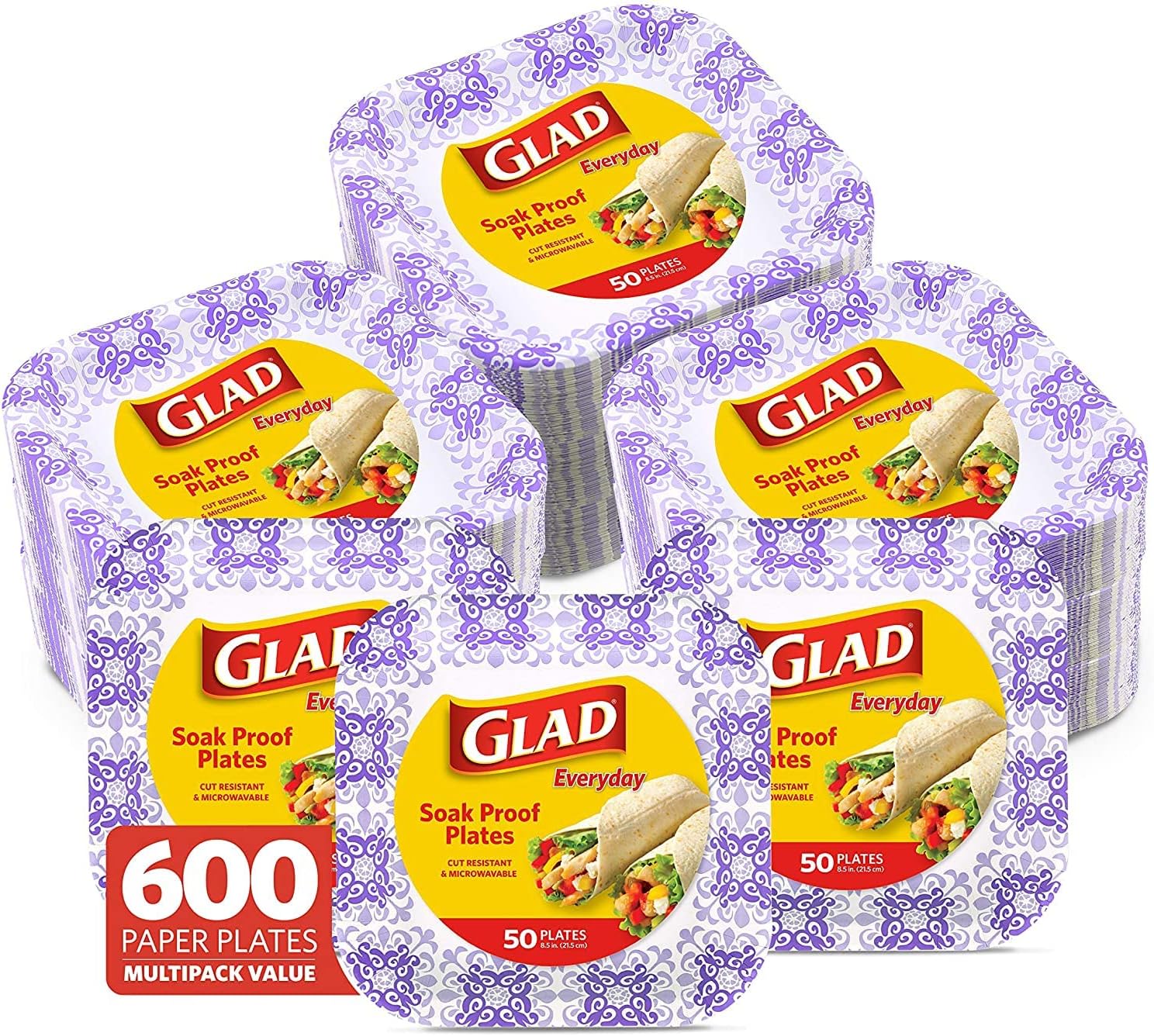 Glad Square Heavy Duty Paper Plates, Soak Proof and Cut Proof Disposable Plates for Parties and Everyday Meals, Microwaveable for Easy Serving, Purple Victorian Pattern, 8.5 Inch, 50 Count - 12 Pack