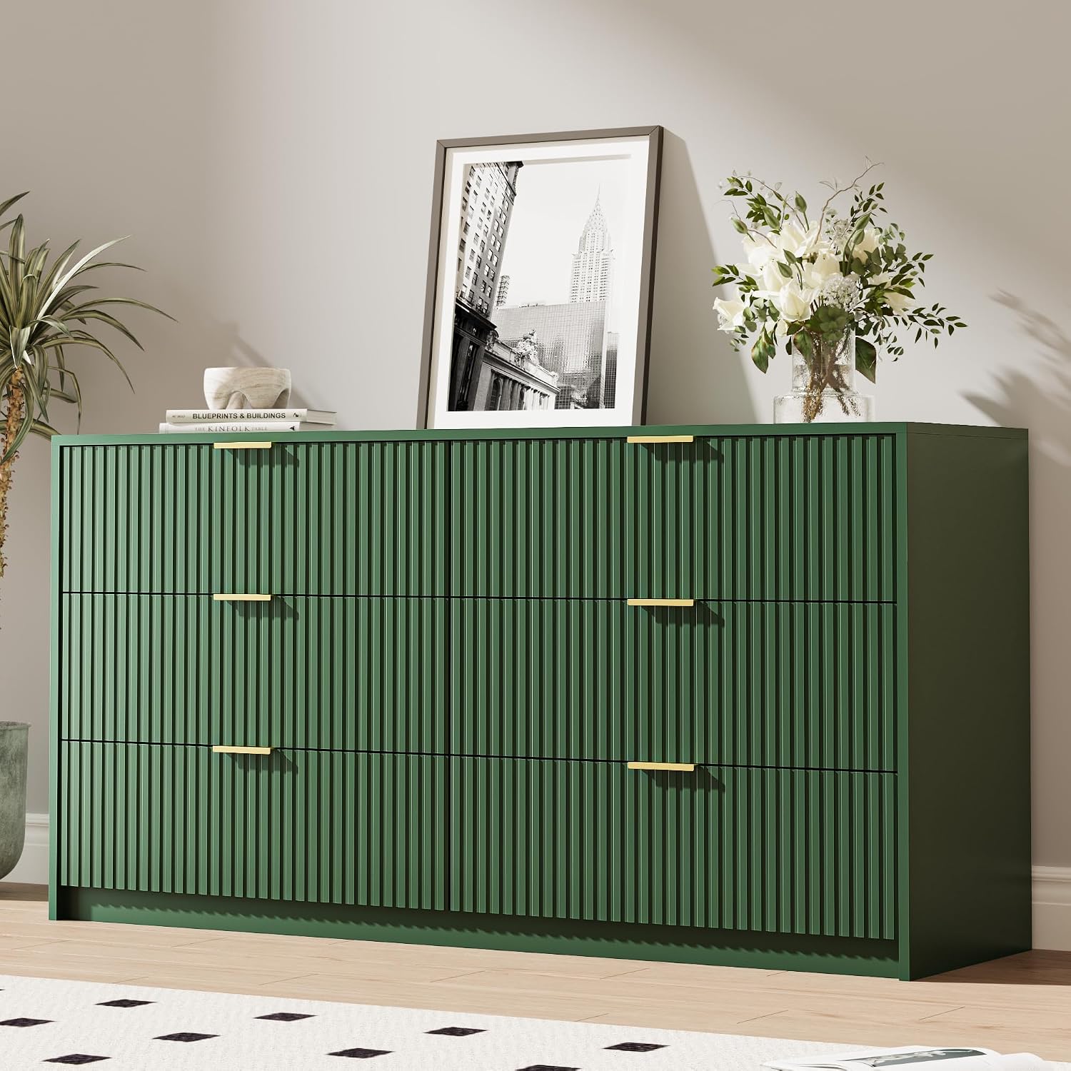 MAISONARIA Green 6 Drawer Dresser for Bedroom, 55' Wide Modern Chest of Drawers with Gold Metal Handles, Fluted Wood TV Stand for Living Room, Hallway