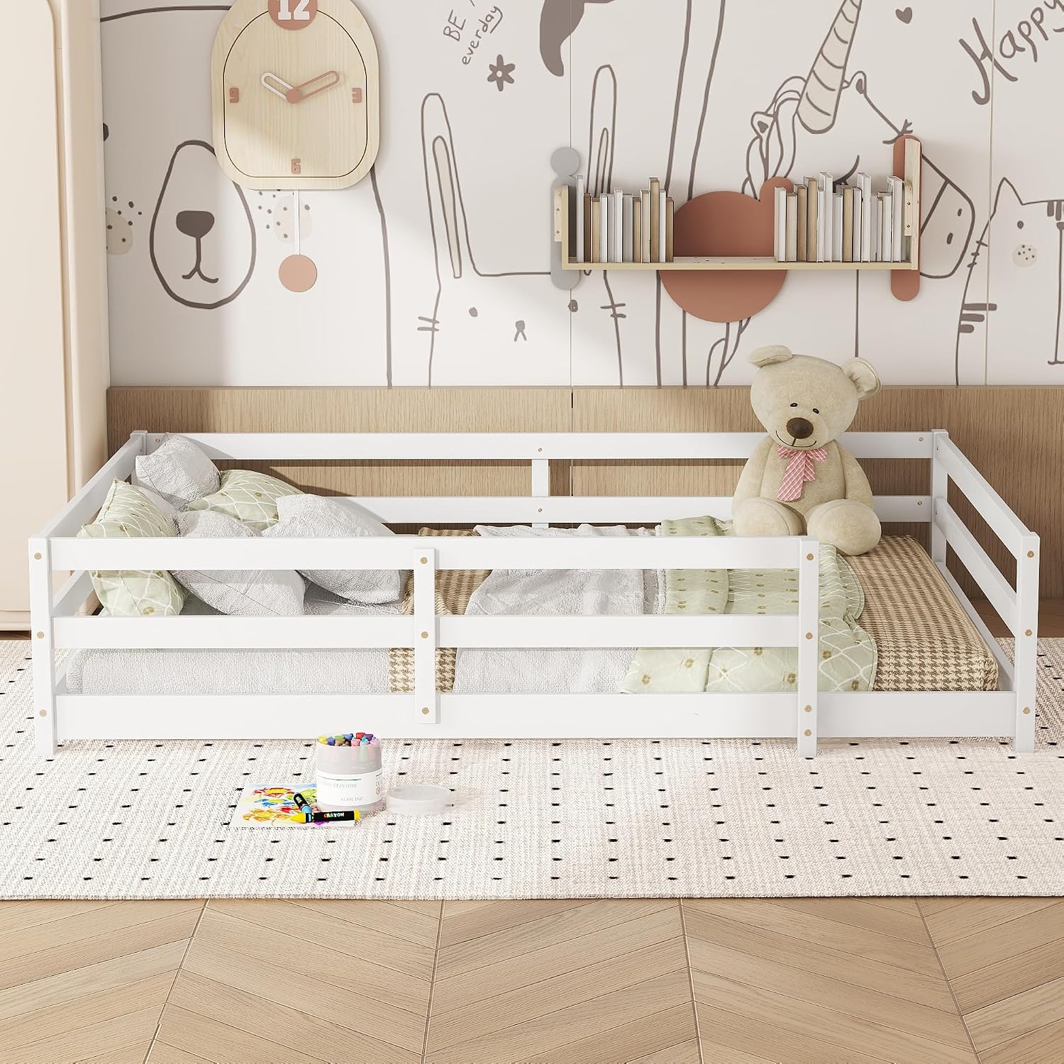 Modern Classic Full Size Bed Frame with Fence, Sturdy Wood Montessori Floor Bed for s, Boys, Girls, Dorm, Bedroom, House, Easy to Assemble, Noise-Free Design, No Box Spring Needed,White-Fu