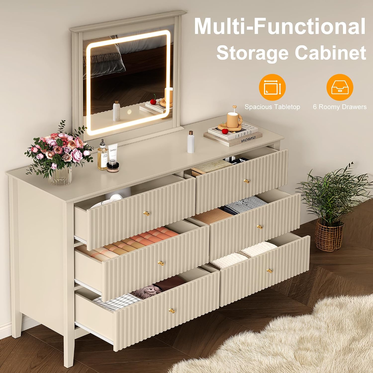 RoyalCraft 6 Drawer Dresser with Lighted Mirror, Beige Fluted Modern Wood Chest of Drawers, Long Dresser for Bedroom Storage