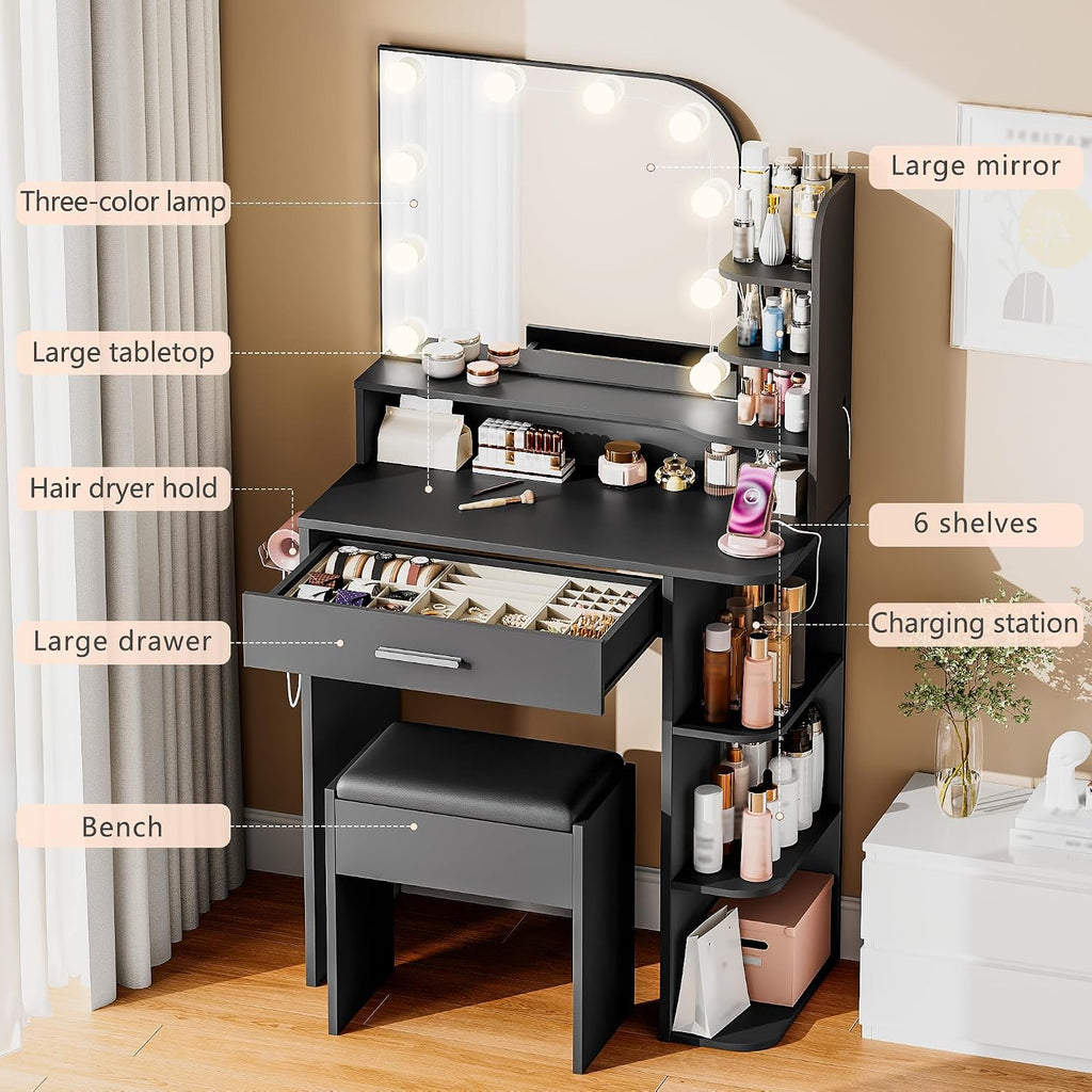 Small Vanity Desk with Mirror and Lights, 26.4' W Girls Vanity Set with Chair and Power Outlet, 3 Lighting Color Adjustable, Makeup Vanity Vanity for Girls, Black