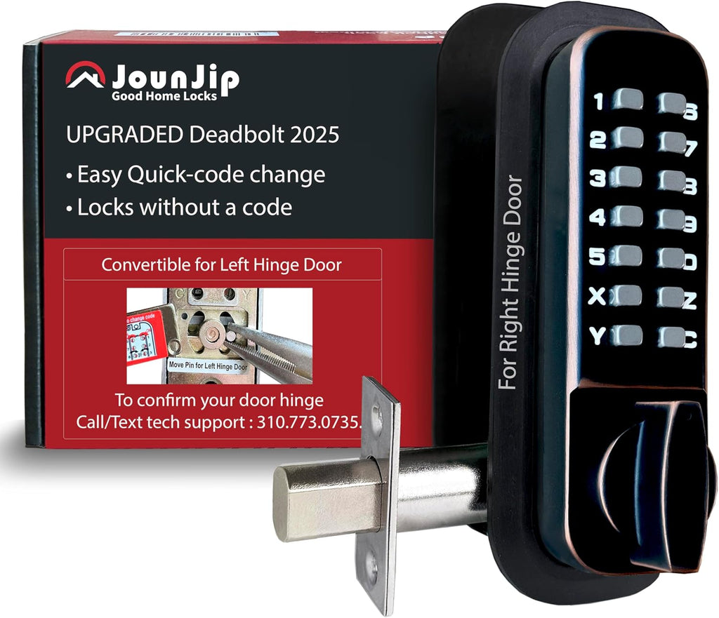JOUNJIP Mechanical Deadbolt Lock - Keyless Entry Door Lock - Code NOT Required When Locking – 100% Mechanical with Flat Spindle, Thumb Turn Door Knob - Oil-Rubbed Bronze [Upgraded 2025]