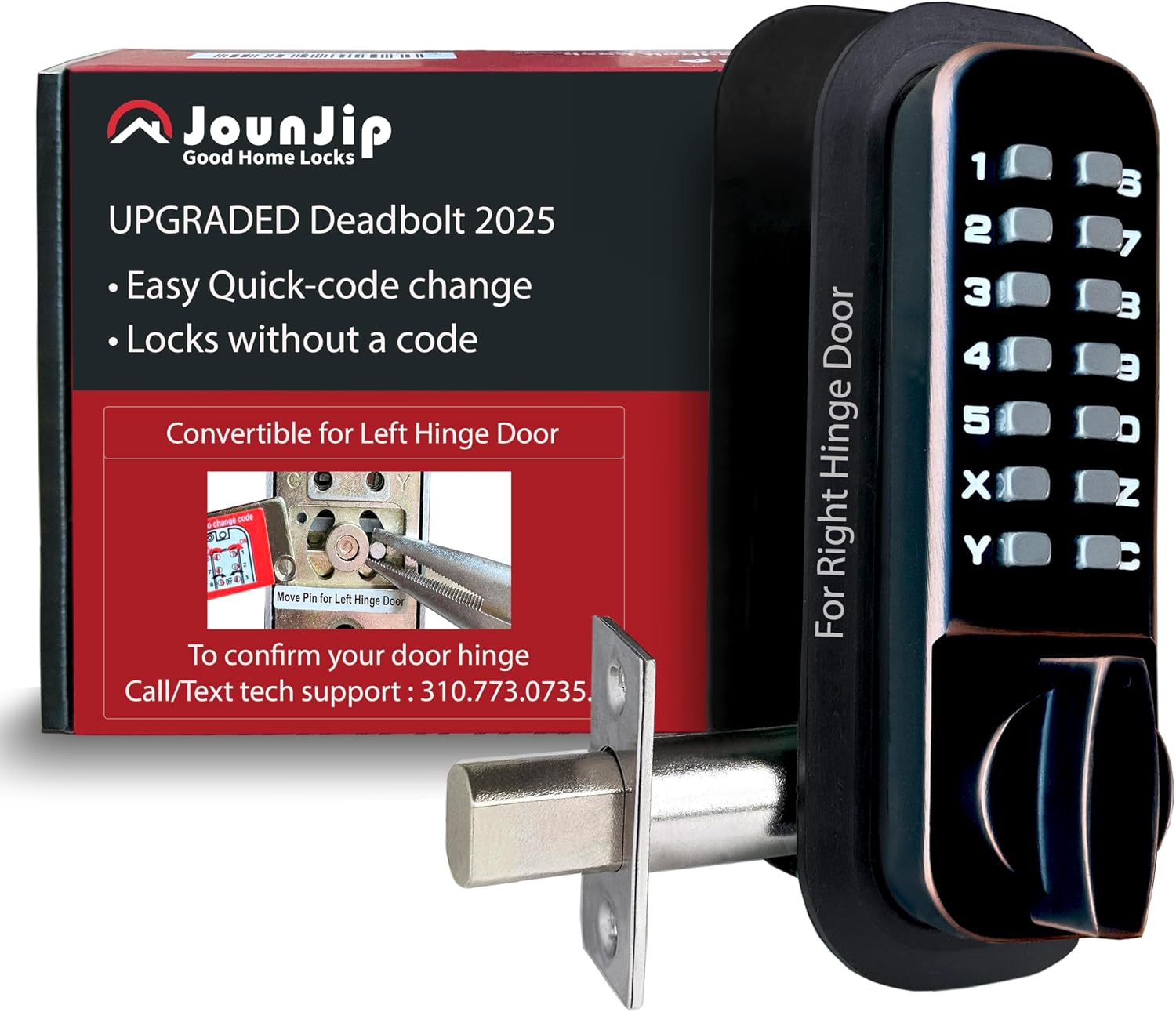 JOUNJIP Mechanical Deadbolt Lock - Keyless Entry Door Lock - Code NOT Required When Locking – 100% Mechanical with Flat Spindle, Thumb Turn Door Knob - Oil-Rubbed Bronze [Upgraded 2025]