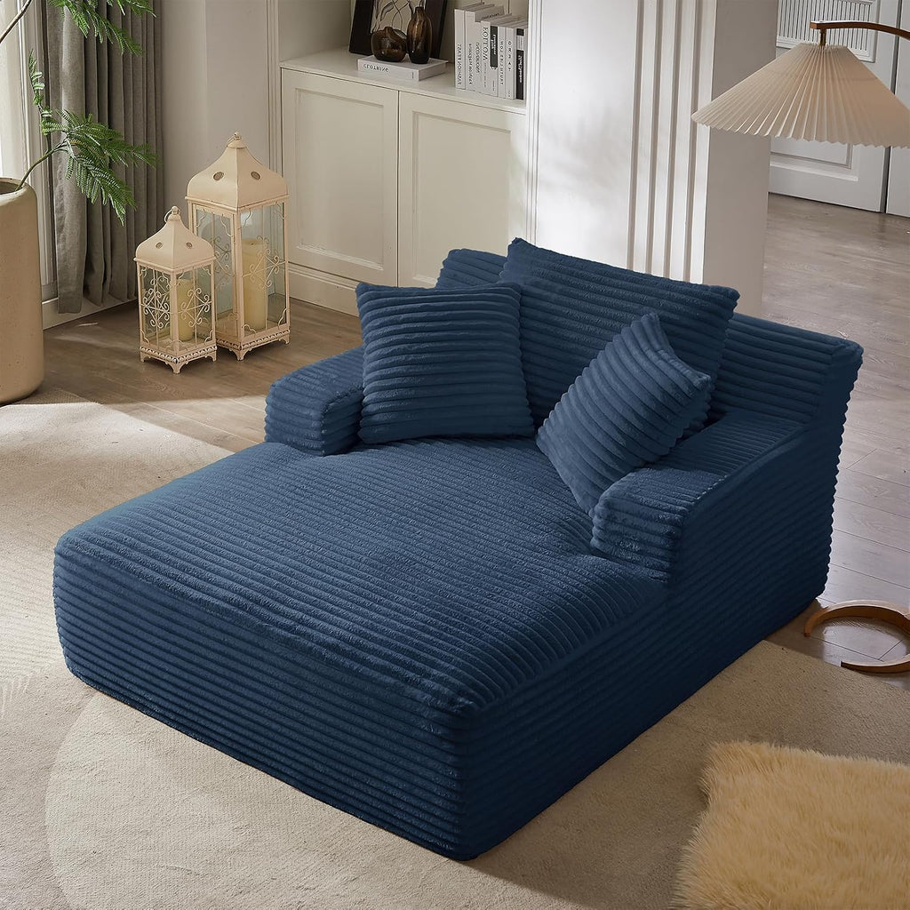 Oversized Chaise Lounge Chair Indoor, 66' Cloud Boneless Sleeper Couch Corduroy Upholstered Sofa Bed Deep Seat Comfy Reading Chair with 3 Pillows for Living Room Bedroom, Blue