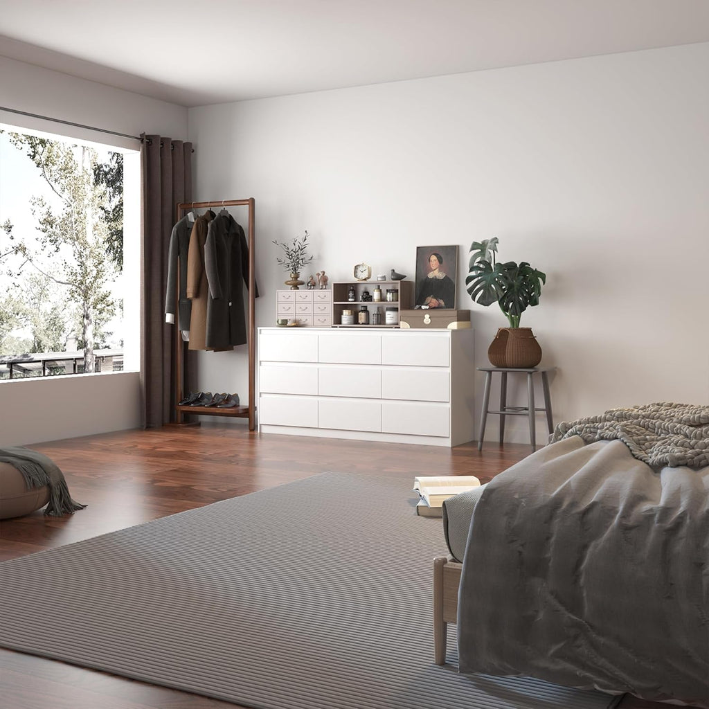 9 Drawer Dresser for Bedroom with Deep Drawers, Large Floor Wood Dressers & Chest of Drawers Handle Free, Modern White Long Dressers for Closet Living Room, Euro Slide (63'W x 15.7'D x 31.5'H)