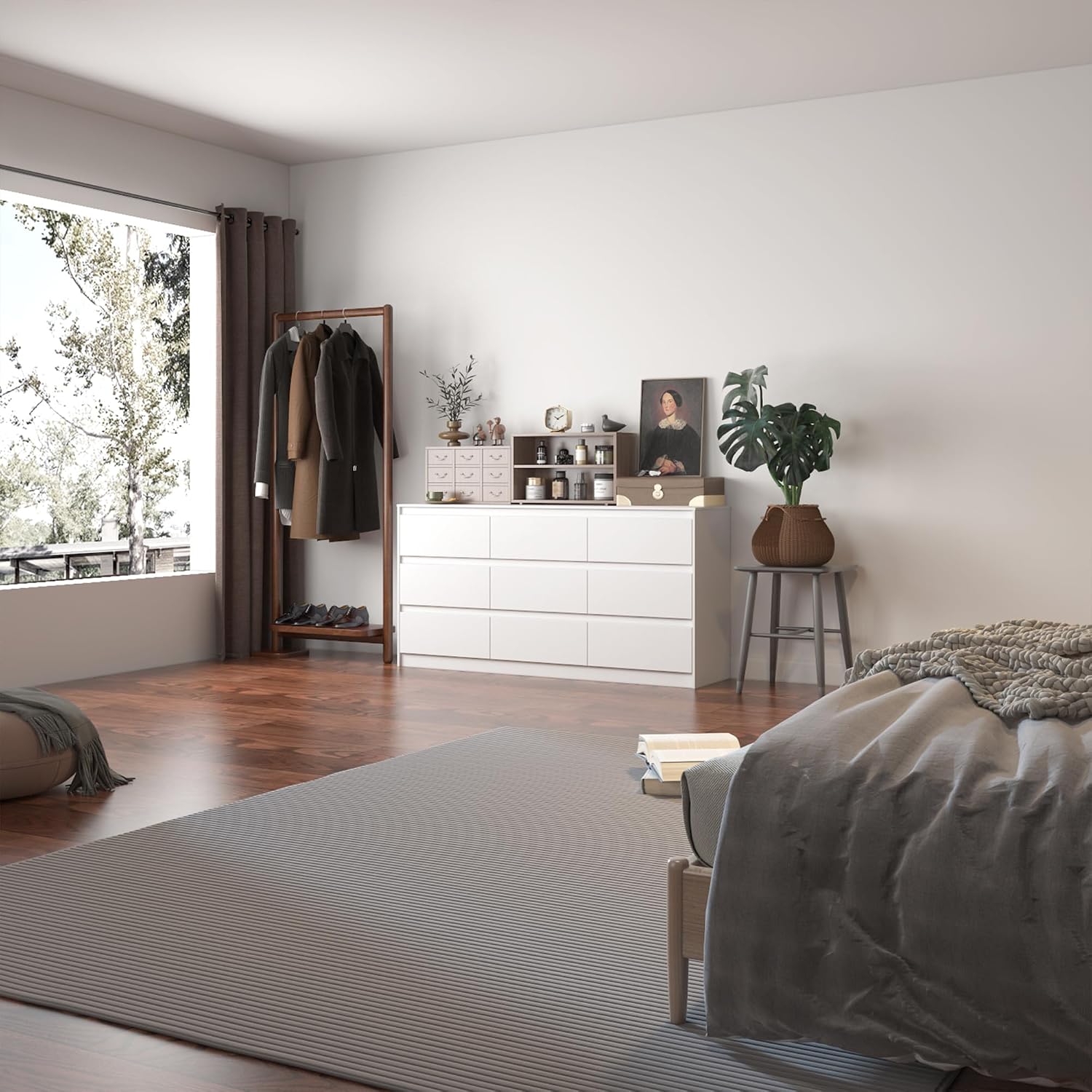 9 Drawer Dresser for Bedroom with Deep Drawers, Large Floor Wood Dressers & Chest of Drawers Handle Free, Modern White Long Dressers for Closet Living Room, Euro Slide (63'W x 15.7'D x 31.5'H)