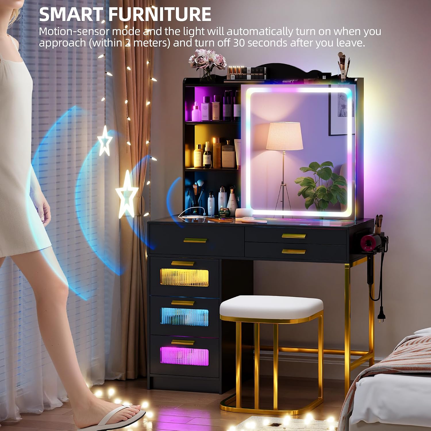 Glass Top Makeup Vanity Desk with RGB LED Light & Adjustable Mirror, Modern Makeup Dresser with Charging Station,Vanity Table Set with 6 Drawers & Hair Dryer Holder for Bedroom,Black