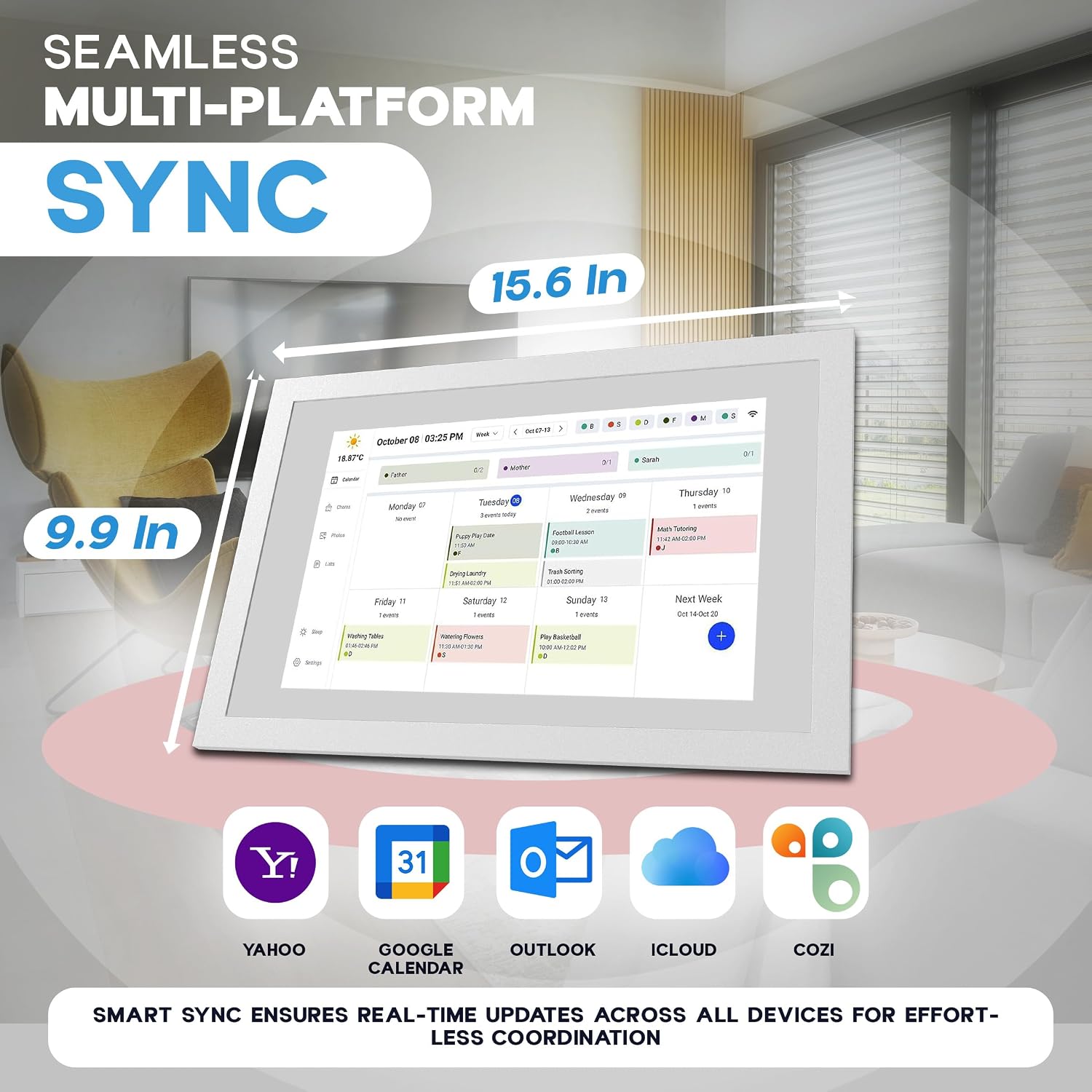 15.6 Inch Digital Calendar with Wall Mount Option, HD Touchscreen Planner, Wi-Fi sync, Color Coded Scheduling, Meal Planning, Chore Chart for Family and Home Organization