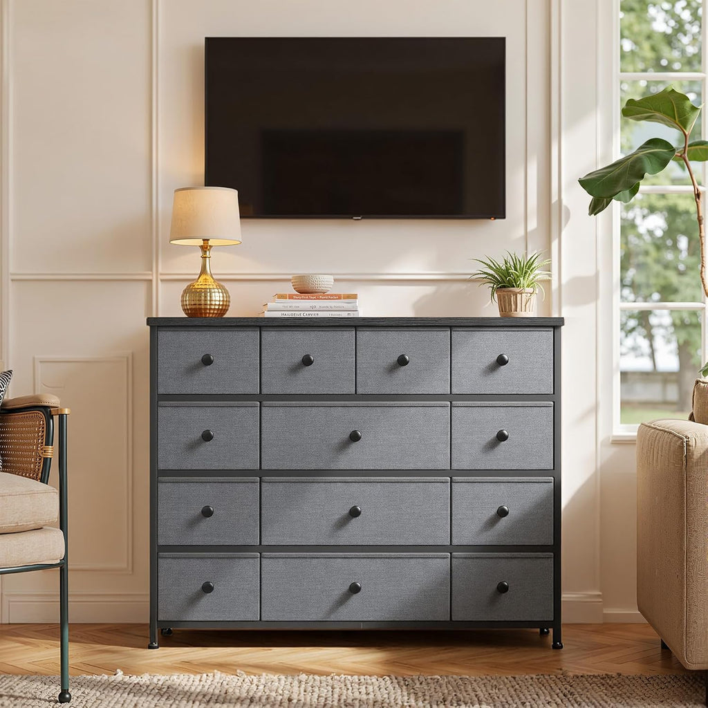 EnHomee Dresser for Bedroom with 13 Fabric Drawers TV Stand for 45 Inch TV Chests of Drawers for Living Room, Wood Top and Sturdy Frame, Grey