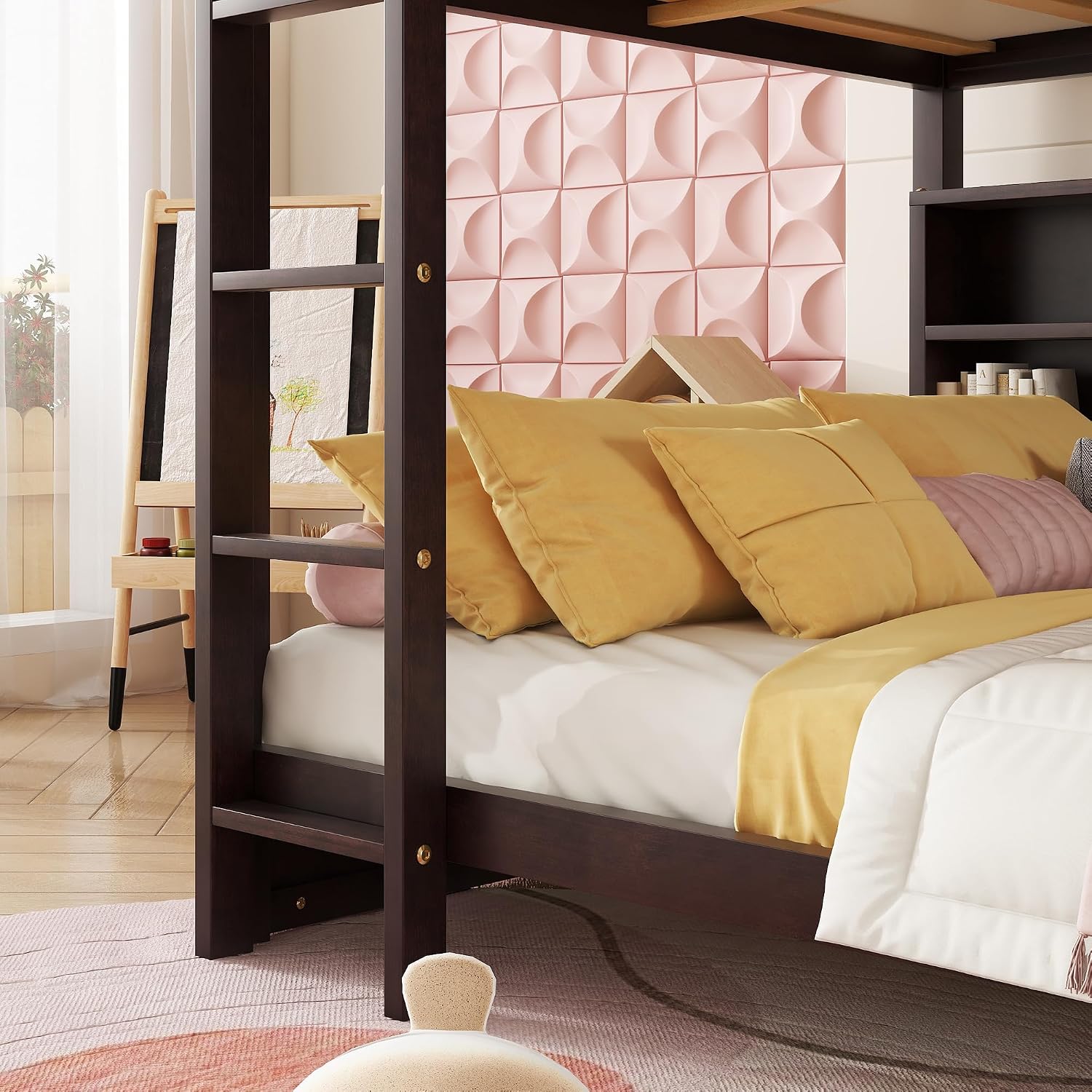 Queen Over Queen Bunk Bed with Built-in Storage Cabinets,Charging Station,Ladder,Safety Guardrails,Solid Pine Wood Bunk Bed for Kids Bedroom