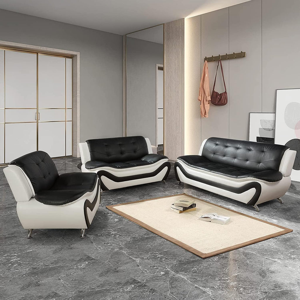 Contemporary Living Room Furniture Set, Vegan Leather Sofa Set for Living Room/House/Bedroom/Office/Apartment (Black&White, Sofa;Love;Chair)