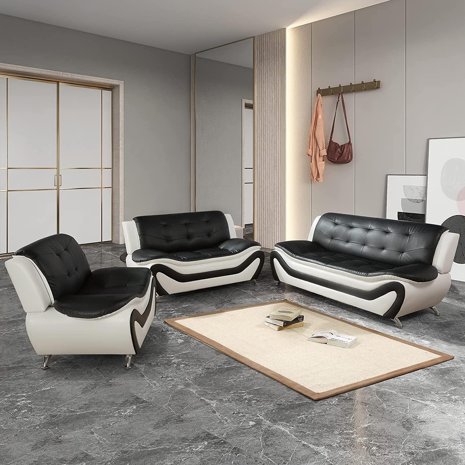 Contemporary Living Room Furniture Set, Vegan Leather Sofa Set for Living Room/House/Bedroom/Office/Apartment (Black&White, Sofa;Love;Chair)
