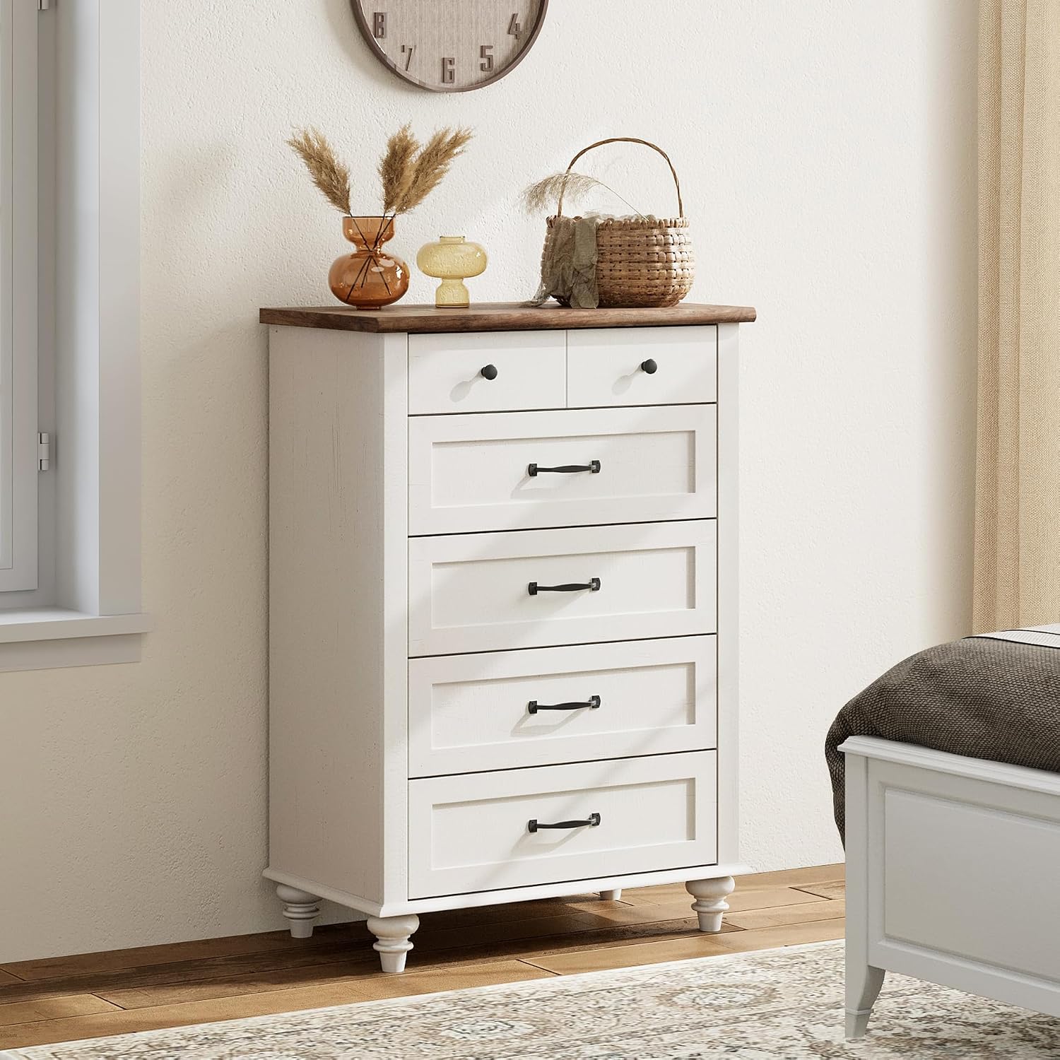 WAMPAT Off White Dresser for Bedroom with 5 Drawers, Tall Kids Dressers with Wide Chest of Drawers, Mid Century Modern Wooden Closet Storage Organizer, Samll Dressers for Living Room, Nursery, Hallway