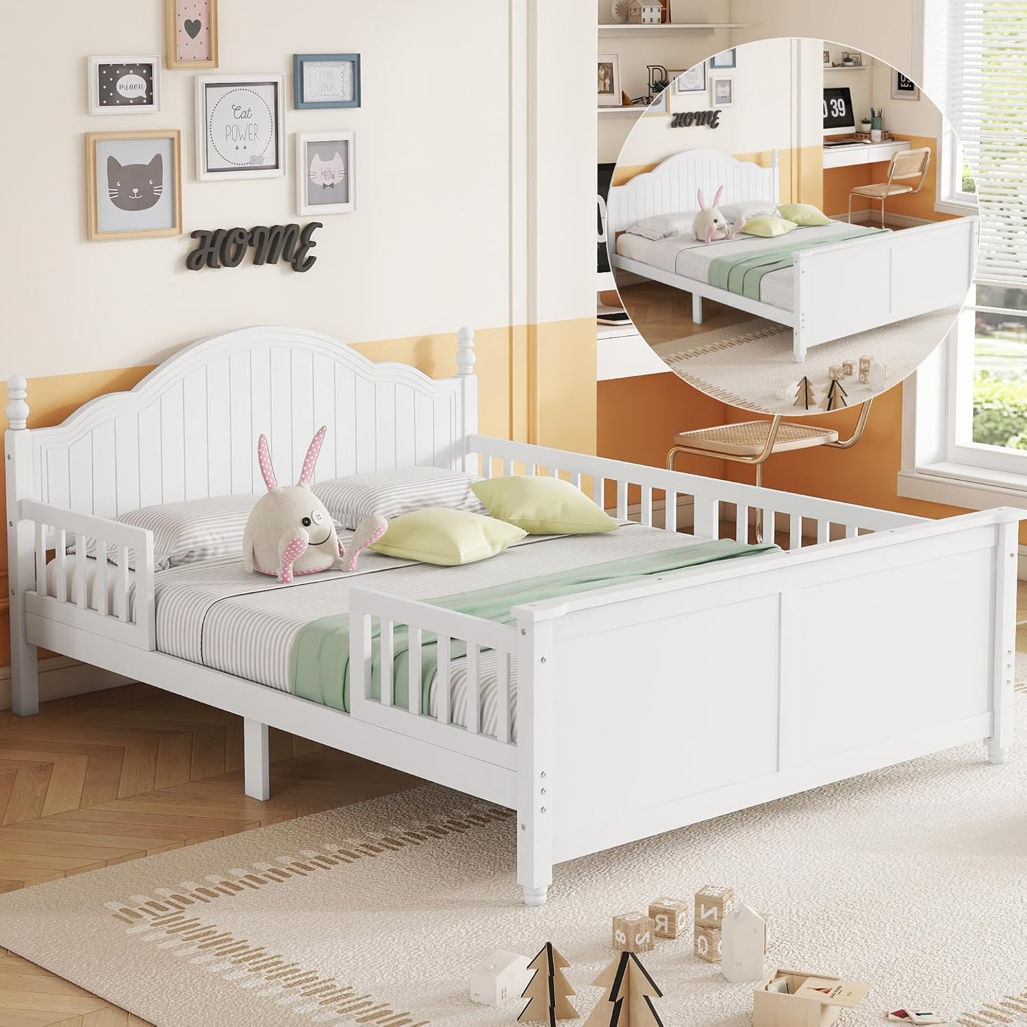 KEIKI Full Size Wooden Floor Bed w/Safety Removable Rails, Kids Platform DayBed Frame w/Headboard, Low Profile, Space Saving Day Beds for Boys Girls Bedroom, No Box Spring Needed, Easy Assembly, White