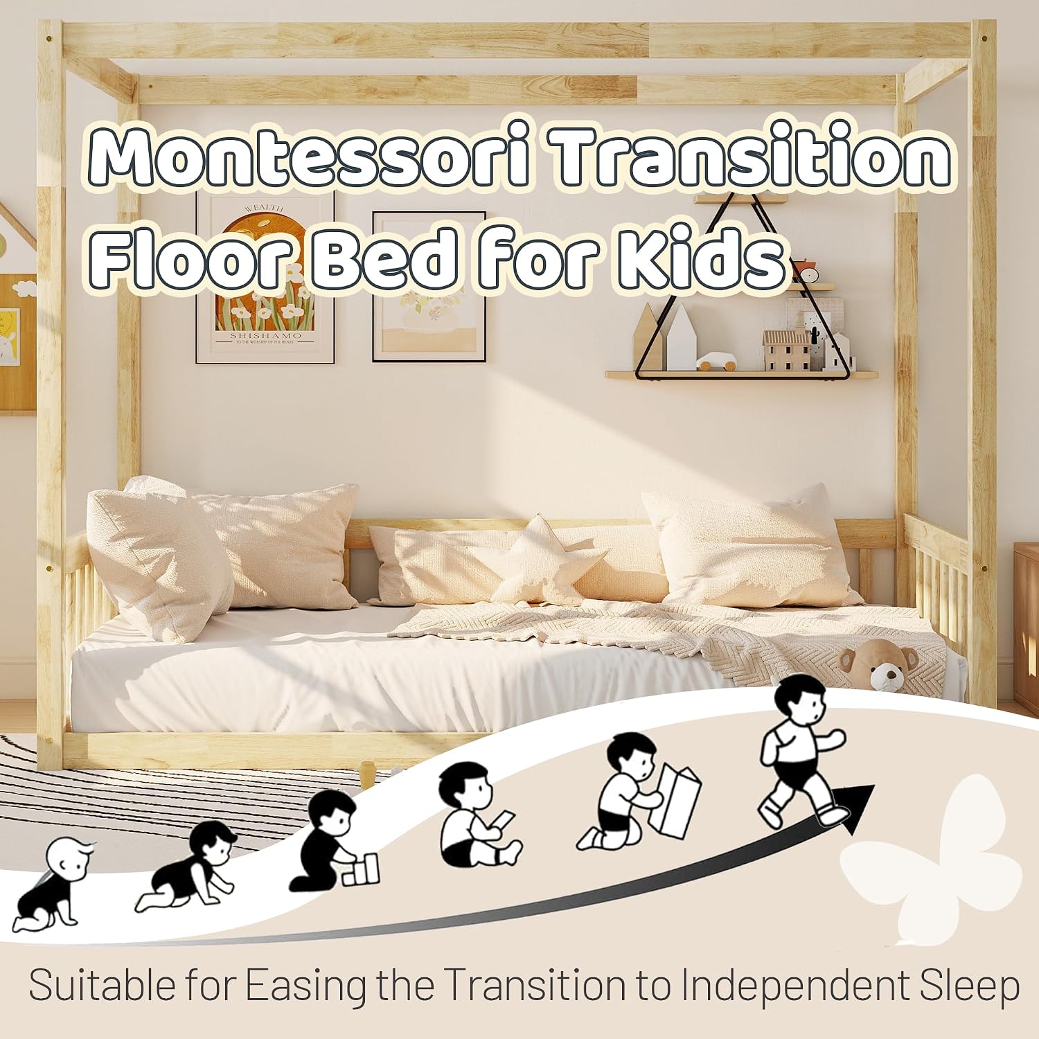 Twin Size Montessori Floor Bed with Canopy Frame and High Guardrails, Solid Wood Twin Canopy Bed with 4 Posters, Safe and Stylish Canopy Twin Bed for Kids Girls Boys,Natural