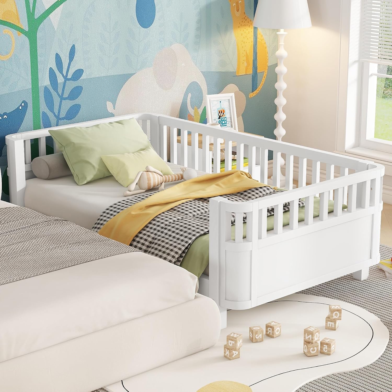 Twin Size Kids Bed with Rails, Wood Twin Montessori Bed Frame with Slats Support, Low to Ground Modern Baby Daybed with Detachable Side Bed Rails for Boys Girls Bedroom, White