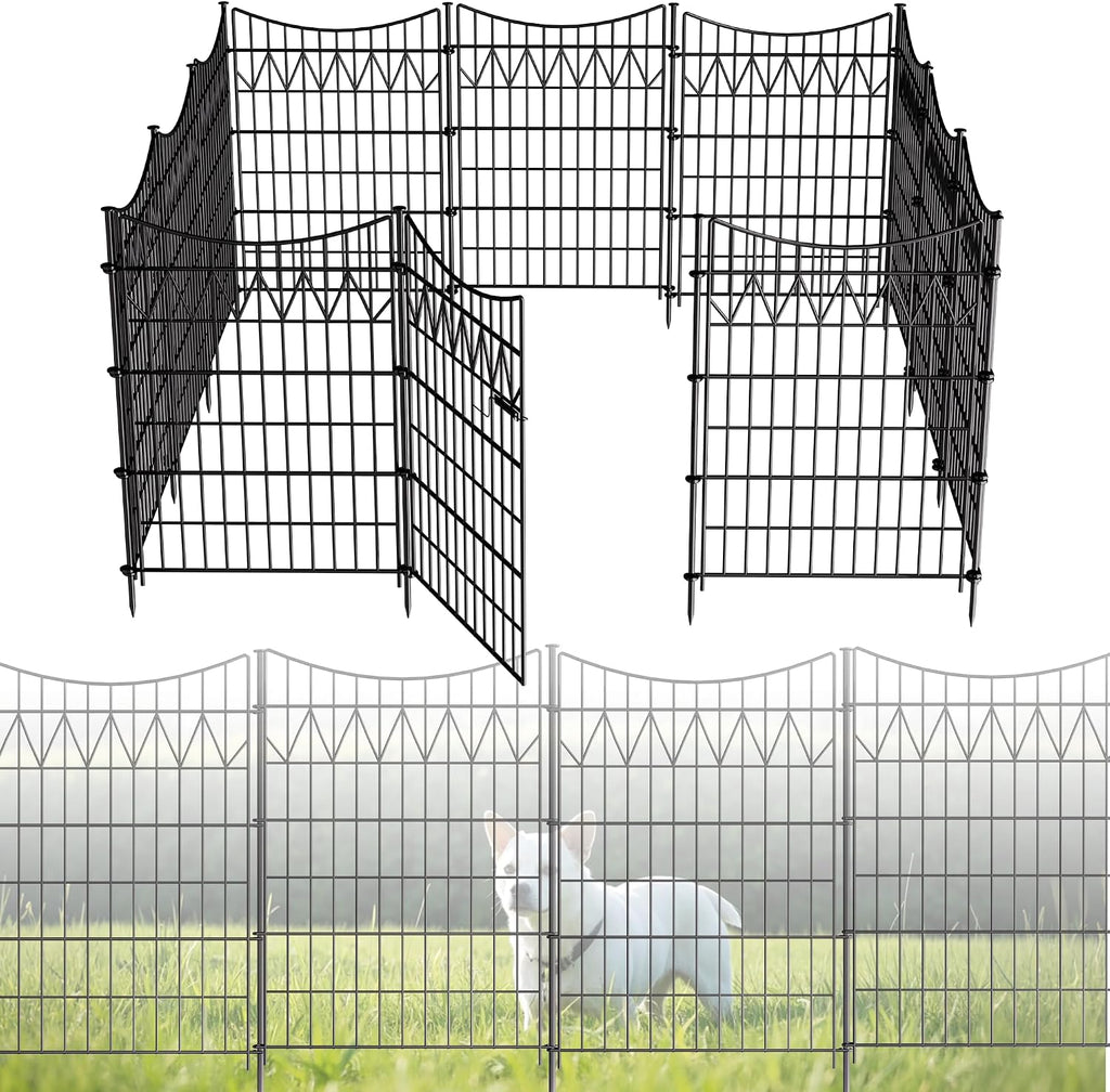12 Panels No Dig Fence with gate, 40in(H)×27ft(L) Tall Garden Fence Animal Barrier | Rustproof Metal Decorative Fence Outdoor | Heavy Duty Reusable Defense Fence Panels for Yard, Patio, Black