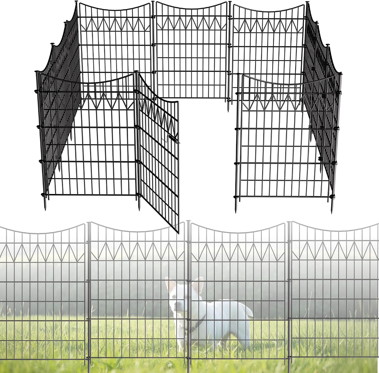 12 Panels No Dig Fence with gate, 40in(H)×27ft(L) Tall Garden Fence Animal Barrier | Rustproof Metal Decorative Fence Outdoor | Heavy Duty Reusable Defense Fence Panels for Yard, Patio, Black