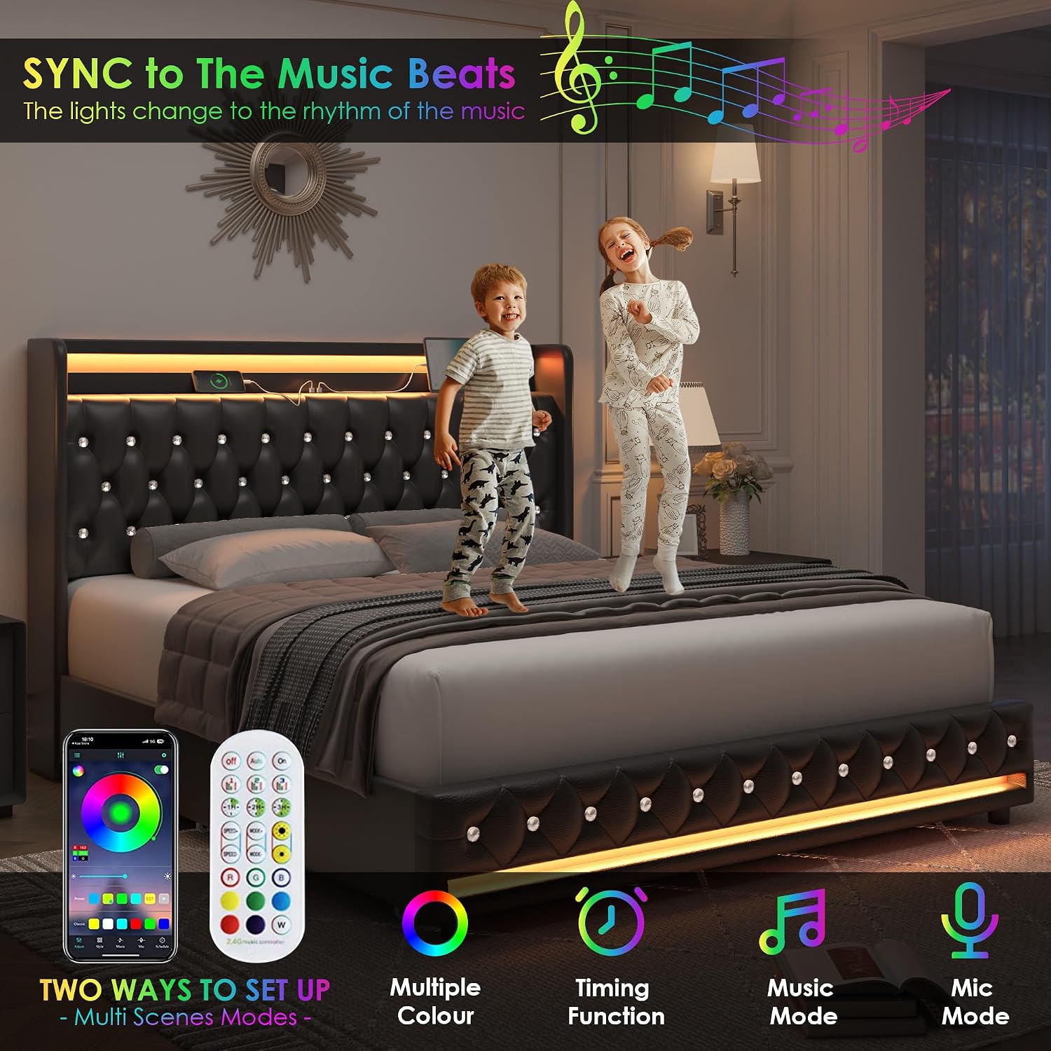 HIFIT Queen LED Bed Frame with Charging Station and 4 Storage Drawers, PU Upholstered Platform Bed with Handcrafted Crystal Button Wingback Headboard, Metal Frame with No Box Spring Needed, Black
