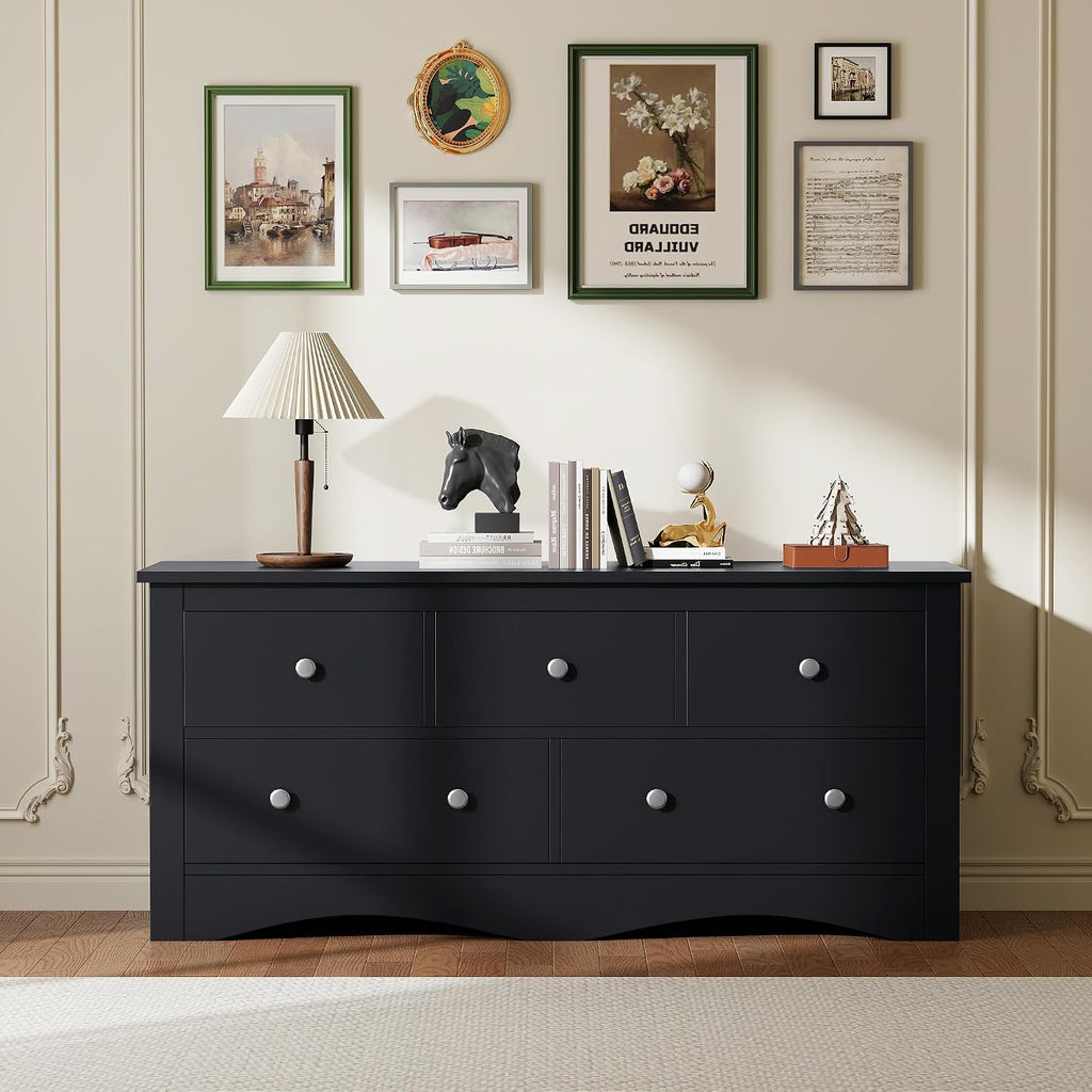 Furmax Dresser for Bedroom, 5 Wood Dresser, Chest of Drawers, for TV up to 65 inch, TV Stand Storage Chest of Drawers for Hallway Entryway (Black)