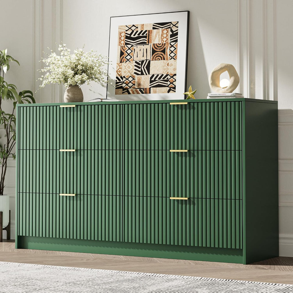 MAISONARIA Green 6 Drawer Dresser for Bedroom, 55' Wide Modern Chest of Drawers with Gold Metal Handles, Fluted Wood TV Stand for Living Room, Hallway