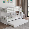 Giantex Twin Over Twin Bunk Bed with Trundle, Convertible Platform Bed Frame with Ladder & Solid Wood Frame, Space-Saving Bunk Bed for Teens & Adults, No Box Spring Needed, White