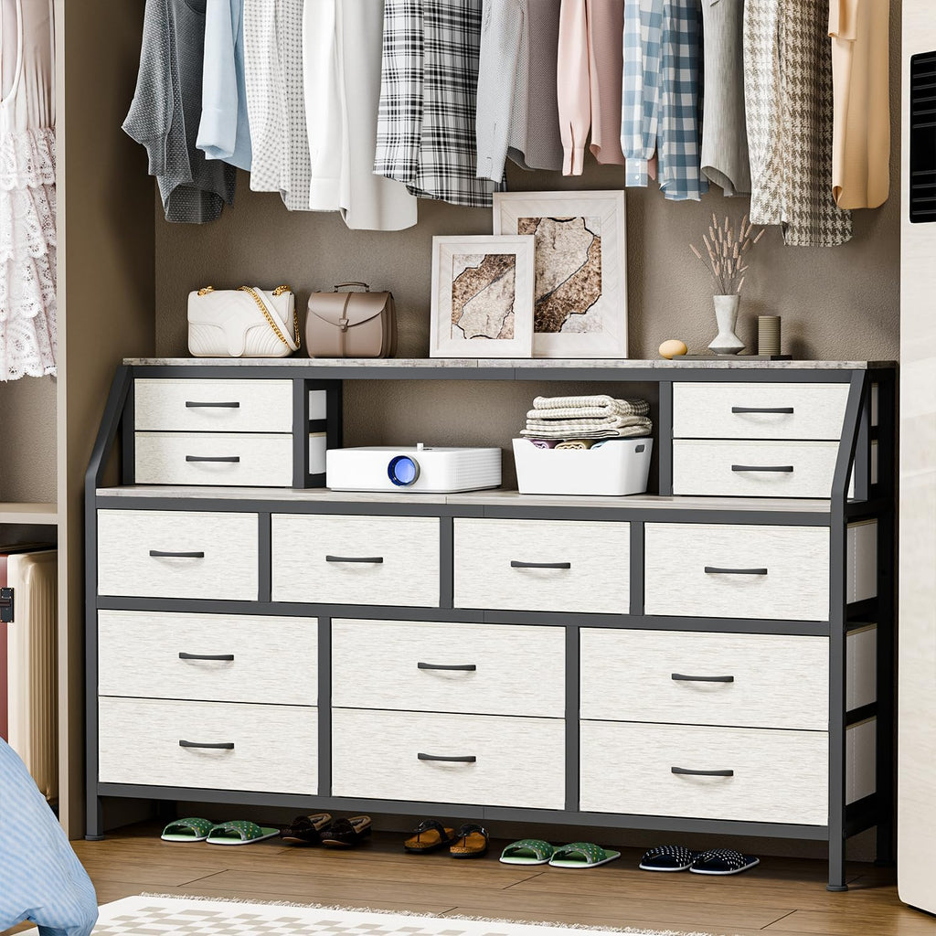 Dresser for Bedroom, 55' TV Stand with 14 Drawers, Long Dresser & Chests of Drawers with Shelves & Sturdy Metal Frame & Wood Top (Greige)