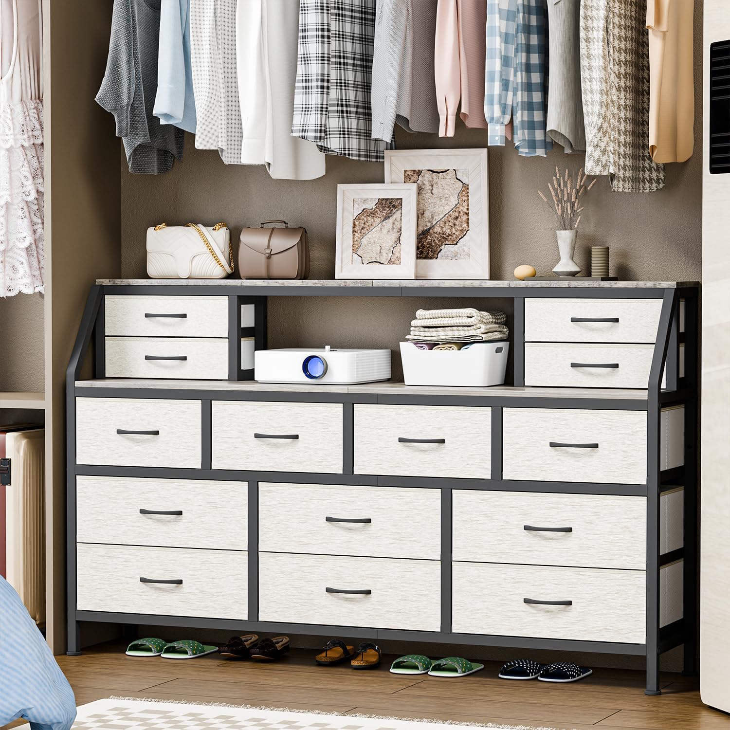 Dresser for Bedroom, 55' TV Stand with 14 Drawers, Long Dresser & Chests of Drawers with Shelves & Sturdy Metal Frame & Wood Top (Greige)