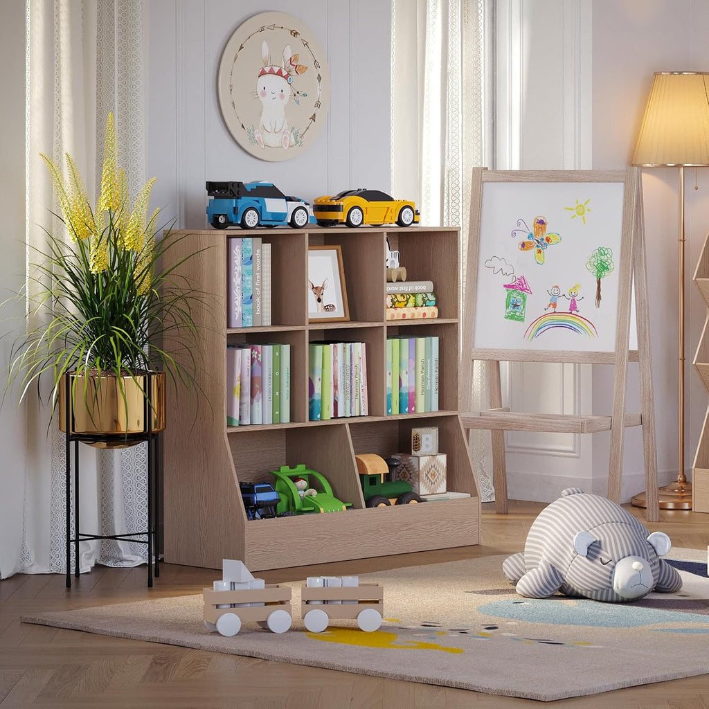 DINZI LVJ Toy Storage Organizer, Kids Bookshelf, Wood Toy Storage Cabinet, 3-Tier 8 Cubby Children Bookcase, 39.4' L Toddler Book Shelf for Playroom, Living Room, Nursery, Hallway, Classroom, Natural