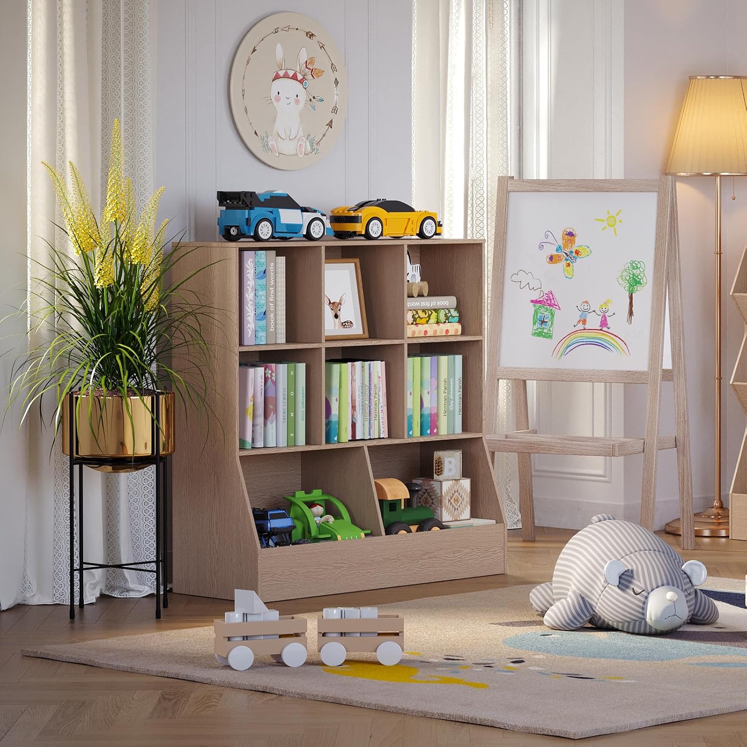 DINZI LVJ Toy Storage Organizer, Kids Bookshelf, Wood Toy Storage Cabinet, 3-Tier 8 Cubby Children Bookcase, 39.4' L Toddler Book Shelf for Playroom, Living Room, Nursery, Hallway, Classroom, Natural