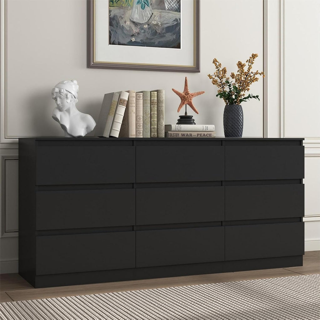 Black 9 Drawer Dresser for Bedroom,Modern Deep Drawer Dresser with No-Handle Design,Wide Storage Chest of Drawers,Wood Bedroom Storage Organizer Furniture for Closet,Hallway