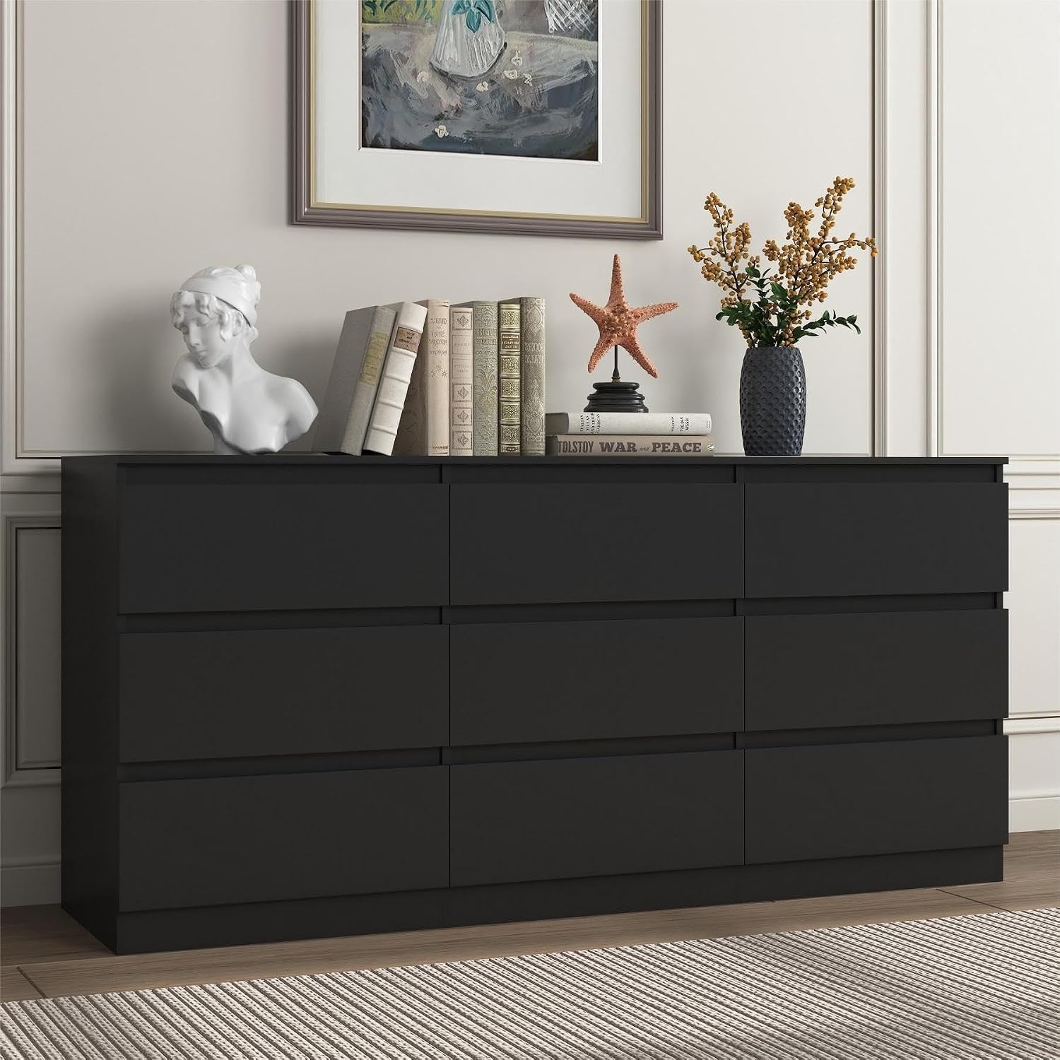 Black 9 Drawer Dresser for Bedroom,Modern Deep Drawer Dresser with No-Handle Design,Wide Storage Chest of Drawers,Wood Bedroom Storage Organizer Furniture for Closet,Hallway