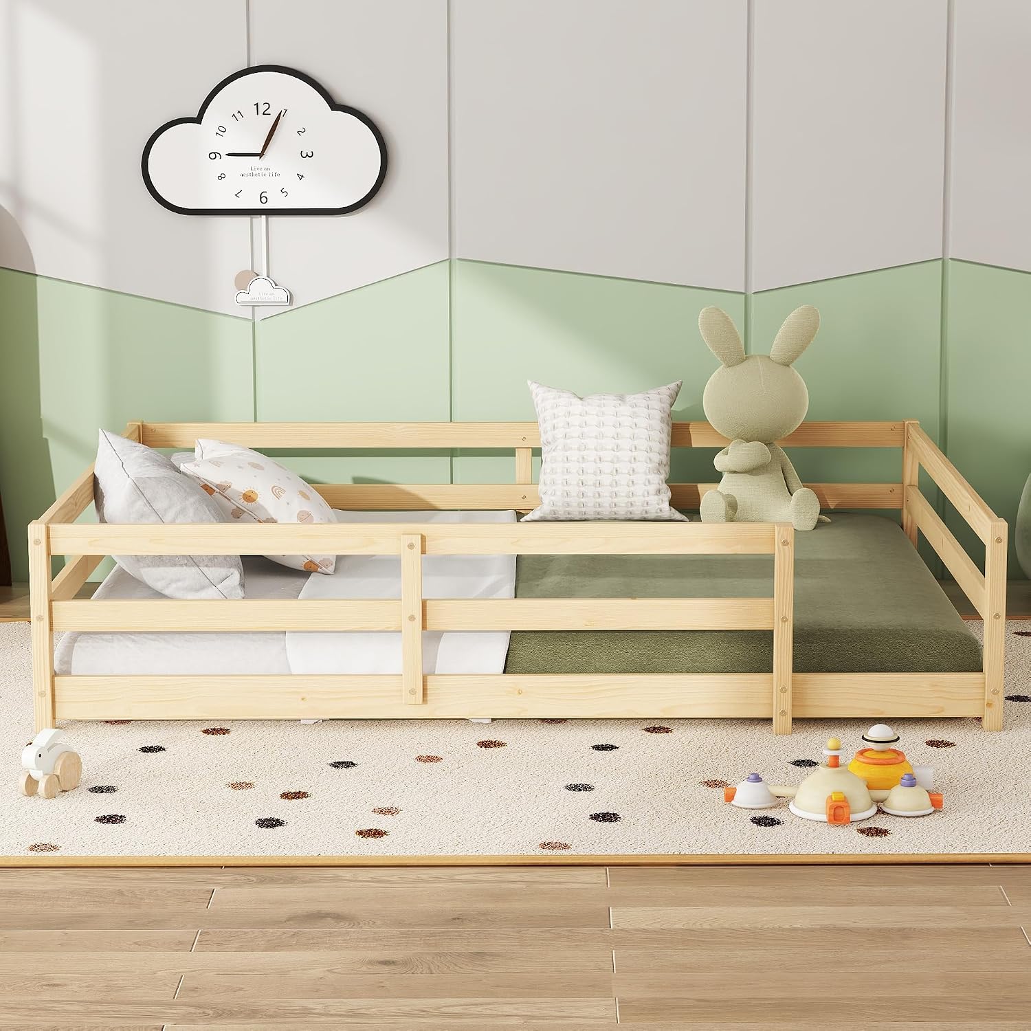 Modern Classic Full Size Bed Frame with Fence, Sturdy Wood Montessori Floor Bed for s, Boys, Girls, Dorm, Bedroom, House, Easy to Assemble, Noise-Free Design, No Box Spring Needed,Full-Oak