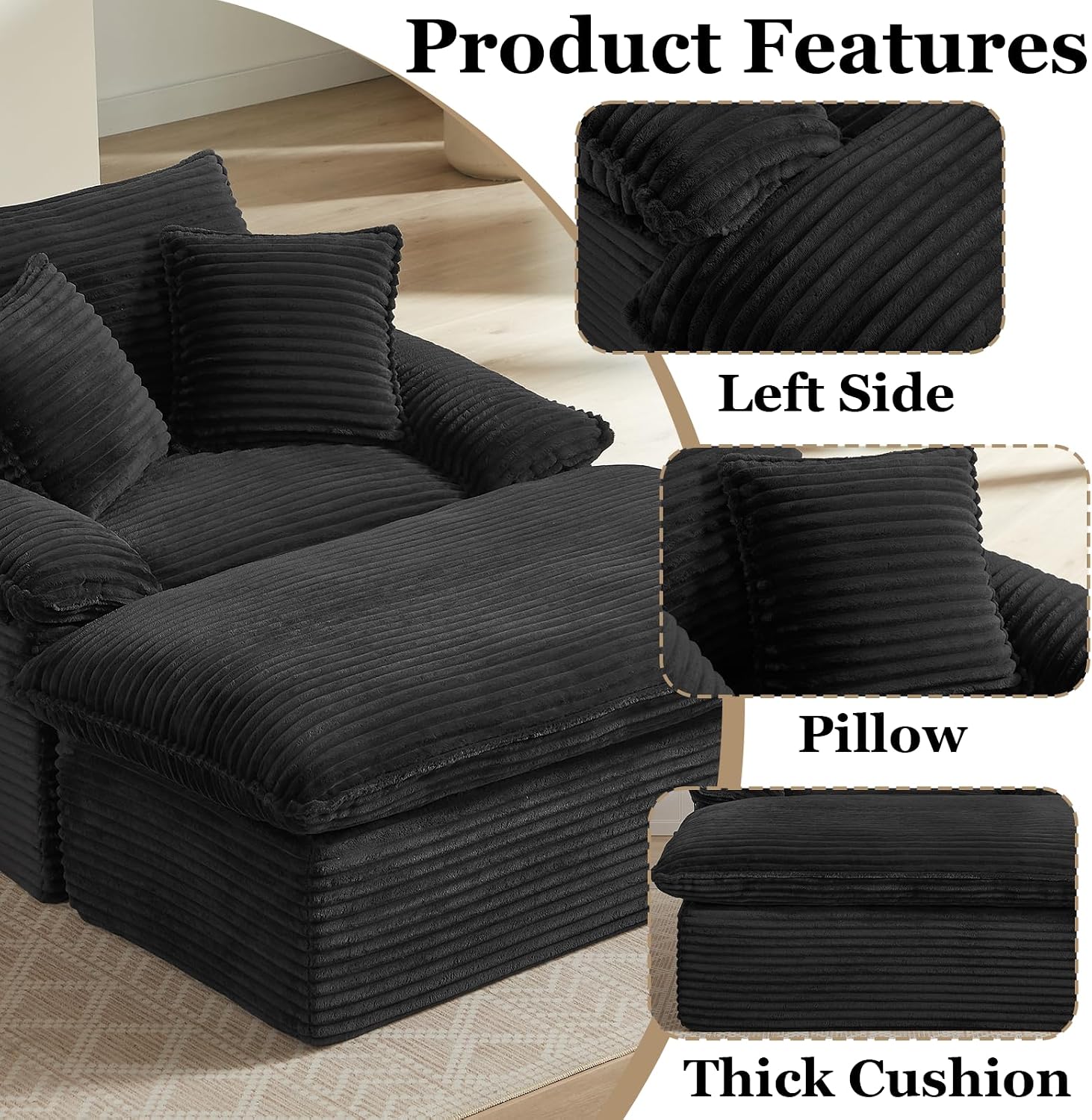 52' Oversized Chaise Lounge Chair Indoor, Corduroy Boneless Chaise Lounge with 2 Pillows, Comfy Reading Chair with Ottoman, Black Sleeper Chair for Adults Living Room Bedroom Apartment (Black)
