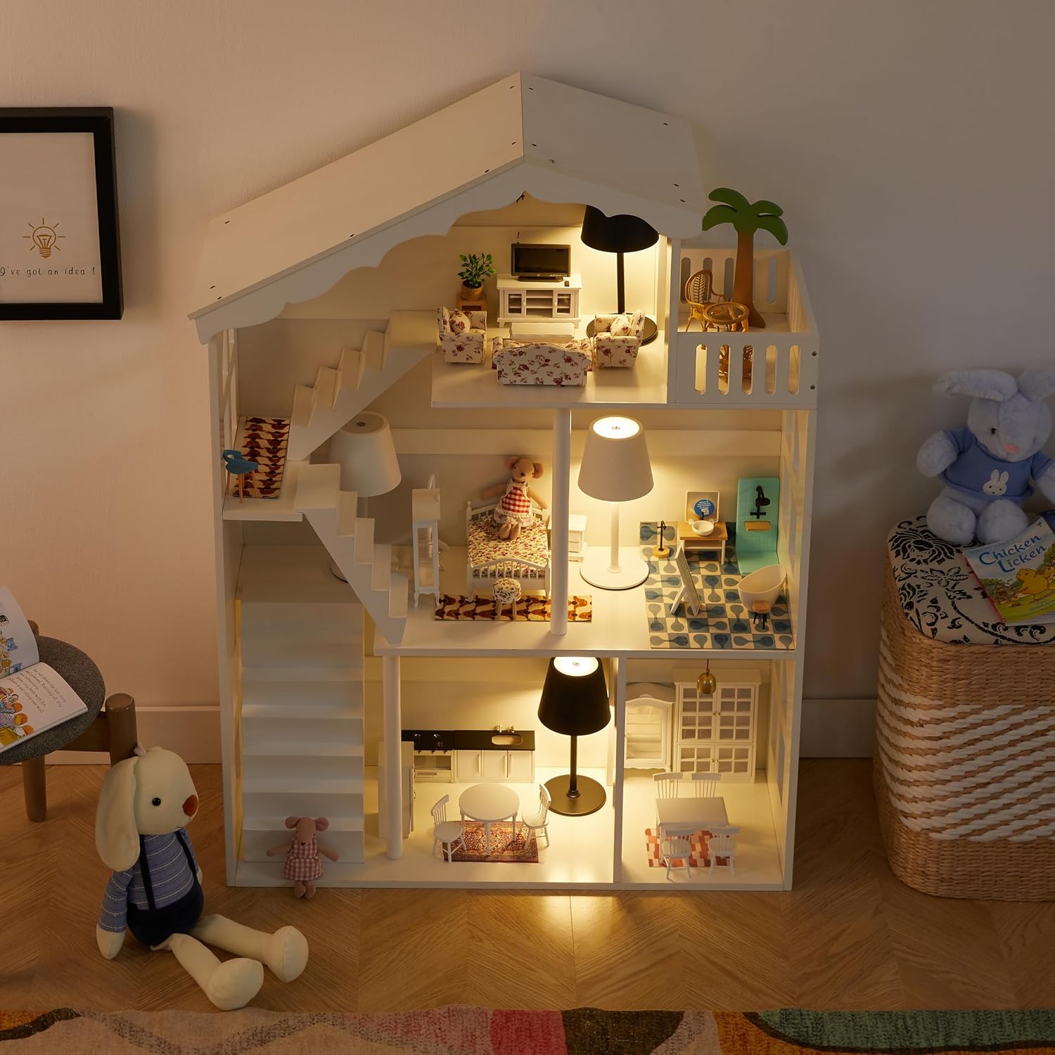 Dollhouse Bookshelf, Wooden Kids Bookshelve Children Doll House Toy Storage 3-Tier Bookcase for Books Gift for Girls Ages 3-7+