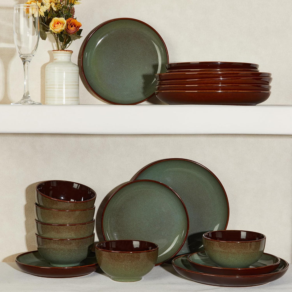 Pokini 32 Piece Double Bowl Dinnerware Sets with Pasta Bowls, Highly Chip and Crack Resistant Plates and Bowls Sets, Natural Earthyware Ceramic Dishware Sets, Service for 8 Sage Green
